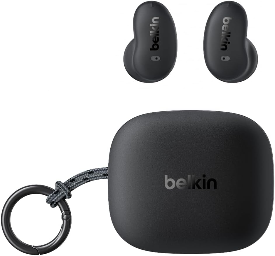 Belkin SoundForm Anywhere Wireless Earbuds, IPX4 Water Resistant Bluetooth Earphones, Long-Lasting Comfort, Case with Keyring for iPhone, iPad, Tablet, Laptop, Hiking, Running, Travel, etc. - Black