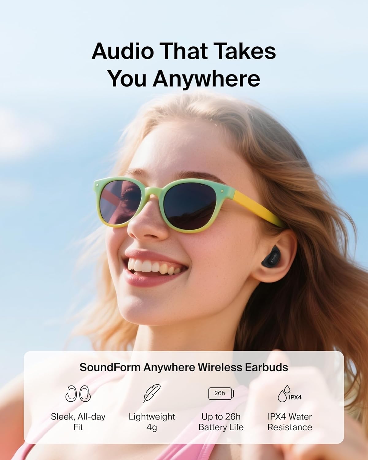 Belkin SoundForm Anywhere Wireless Earbuds, IPX4 Water Resistant Bluetooth Earphones, Long-Lasting Comfort, Case with Keyring for iPhone, iPad, Tablet, Laptop, Hiking, Running, Travel, etc. - Black - Image 6