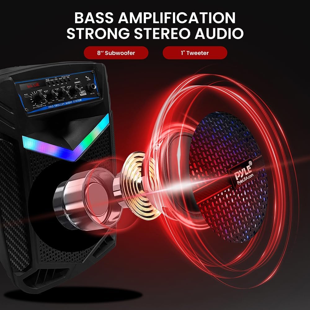 Pyle 400W Rechargeable Outdoor Bluetooth Speaker Portable PA System w/ 8” Subwoofer 1” Tweeter, Recording Function, Mic In, Party Lights USB/SD, Radio - Pyle PPHP842B, BLACK - Image 2