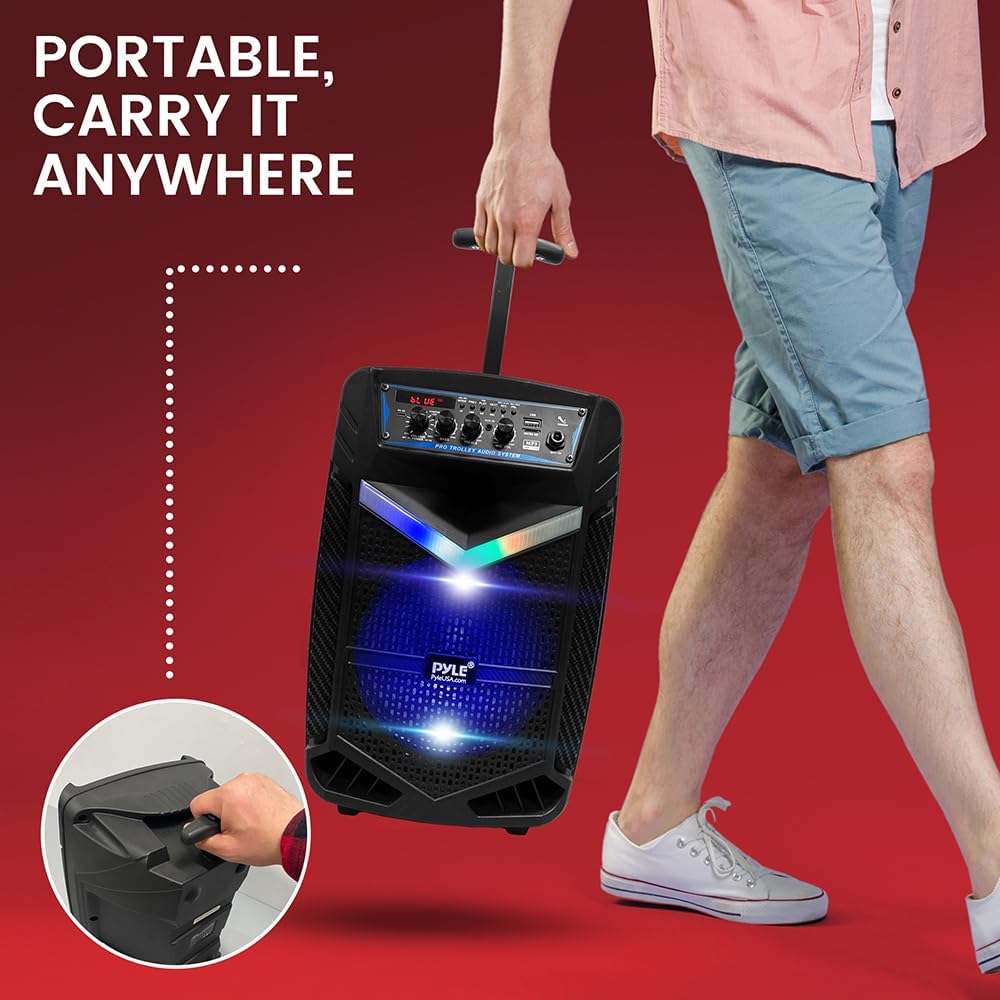 Pyle 400W Rechargeable Outdoor Bluetooth Speaker Portable PA System w/ 8” Subwoofer 1” Tweeter, Recording Function, Mic In, Party Lights USB/SD, Radio - Pyle PPHP842B, BLACK - Image 6