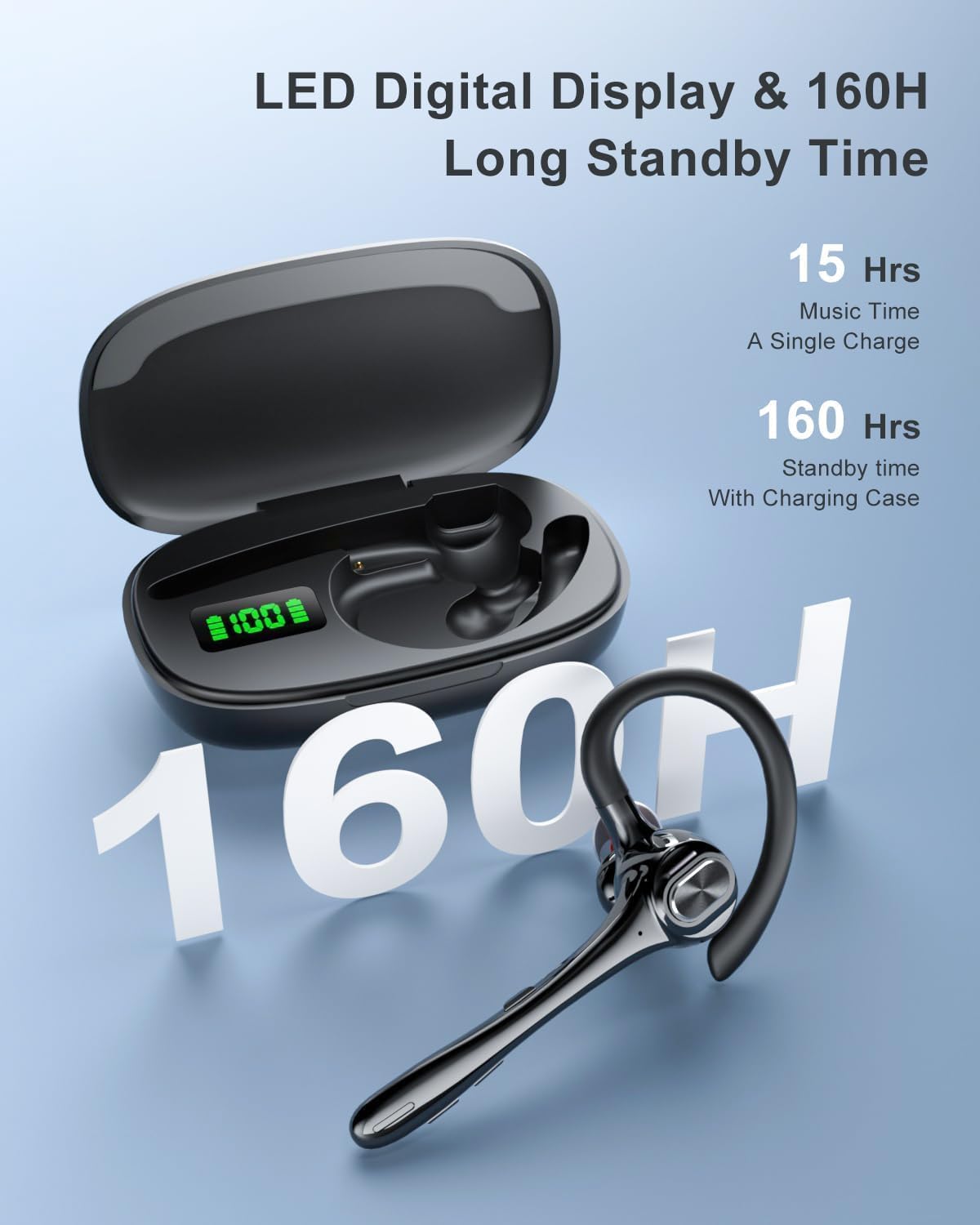 Earbuds Wireless Earpiece Bluetooth Headset with Noise Canceling Mic 160H Standby Time Hands Free Earphones Single Ear Headphone for iphone Android Samsung Cell Phones PC TV Computer Game Trucker Work - Image 3