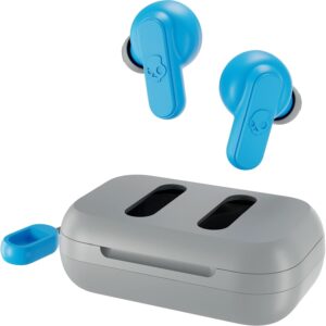 Skullcandy Dime 2 Wireless Earbuds, Bluetooth Headphones, Noise Isolating Fit, Up to 12 Hours Battery, Microphone for iPhone Android, Easy Carry with Integrated Lanyard - Light Grey/Blue