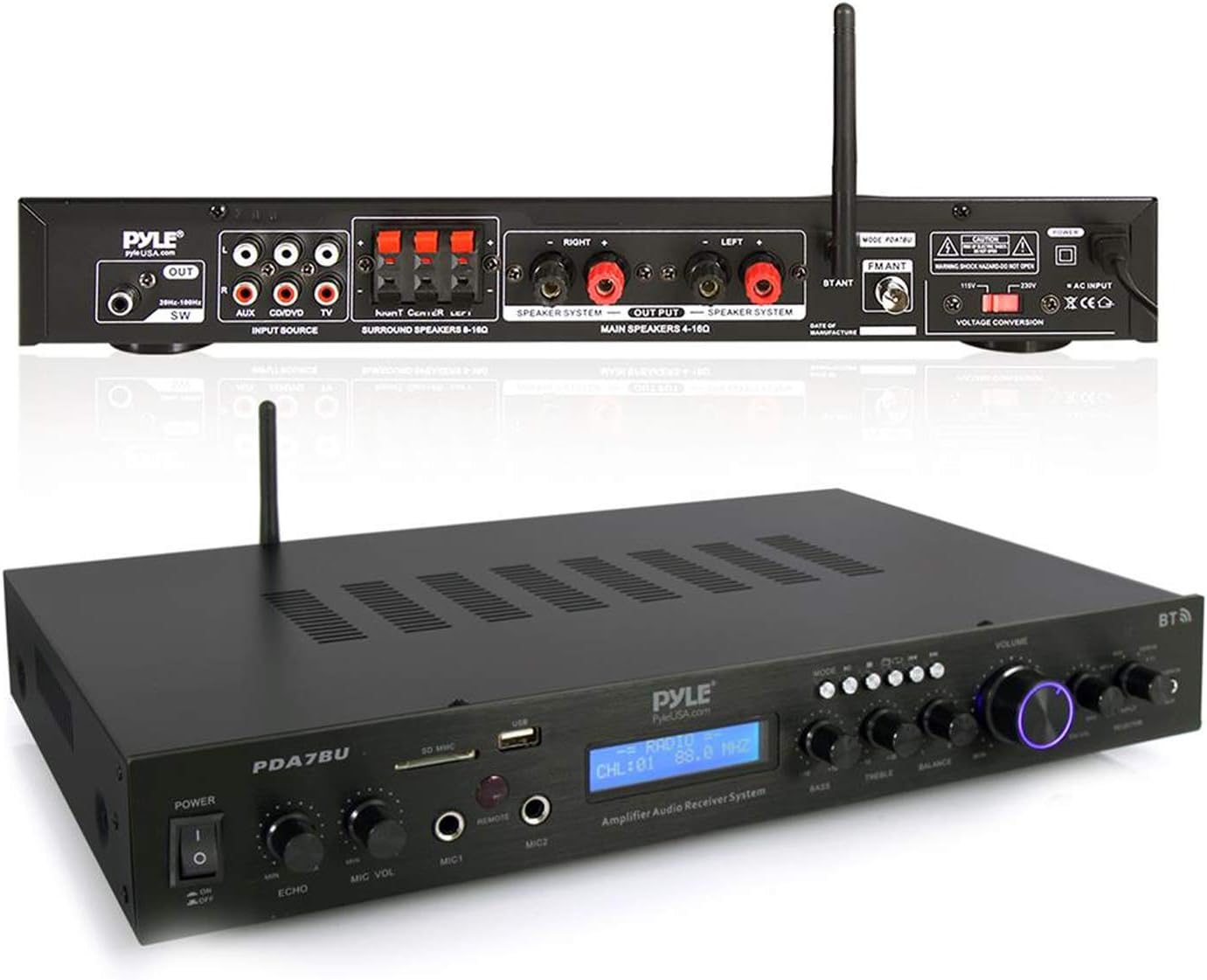 Pyle Bluetooth Home Theater Amplifier - 200 Watts into 5 Channels with Subwoofer Out, Easy Karaoke - Dual Mic, Wireless Streaming, USB/SD with MP3 player, RCA Input, FM Radio, LCD Display - PDA7BU - Image 2