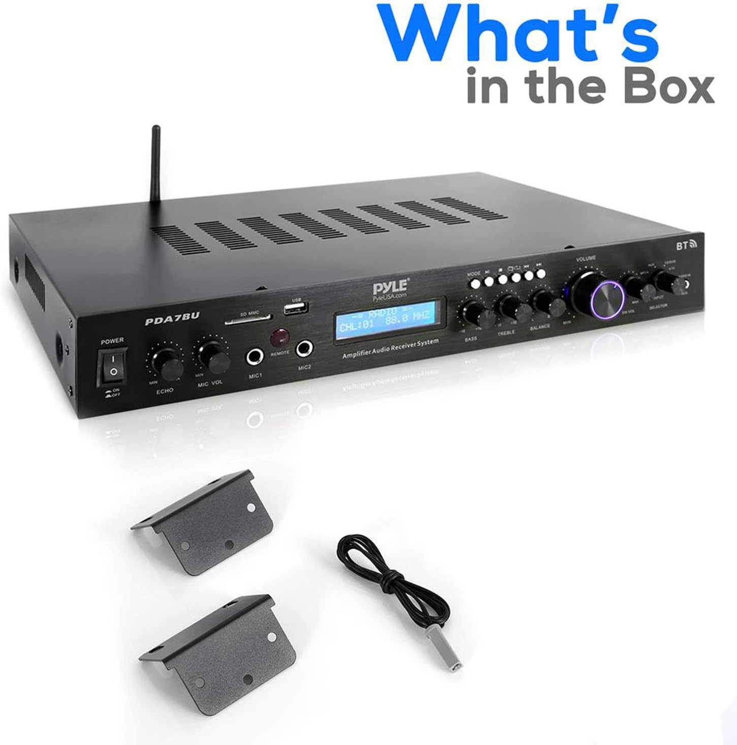Pyle Bluetooth Home Theater Amplifier - 200 Watts into 5 Channels with Subwoofer Out, Easy Karaoke - Dual Mic, Wireless Streaming, USB/SD with MP3 player, RCA Input, FM Radio, LCD Display - PDA7BU - Image 6