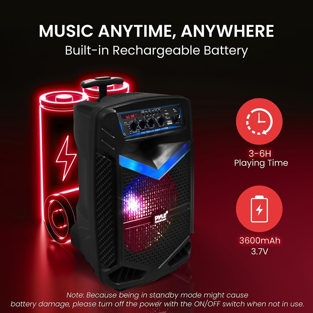Pyle 400W Rechargeable Outdoor Bluetooth Speaker Portable PA System w/ 8” Subwoofer 1” Tweeter, Recording Function, Mic In, Party Lights USB/SD, Radio - Pyle PPHP842B, BLACK - Image 5