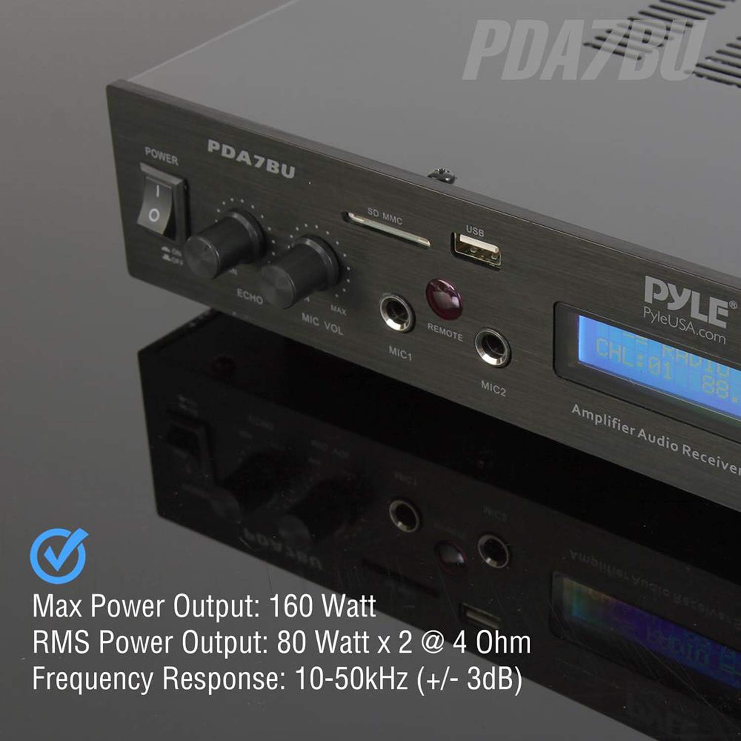 Pyle Bluetooth Home Theater Amplifier - 200 Watts into 5 Channels with Subwoofer Out, Easy Karaoke - Dual Mic, Wireless Streaming, USB/SD with MP3 player, RCA Input, FM Radio, LCD Display - PDA7BU - Image 3