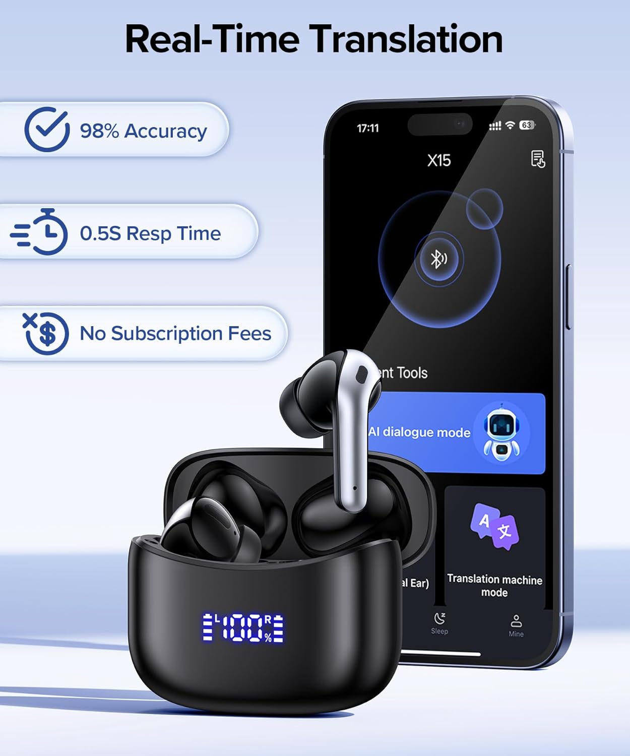 AI Translation Earbuds Real Time 164 Languages Translator Ear Buds Audifonos Traductores Inglés Español 70H Playtime Wireless Earphones AI Bluetooth Headphones for Travel Meeting Learning Black - Image 6