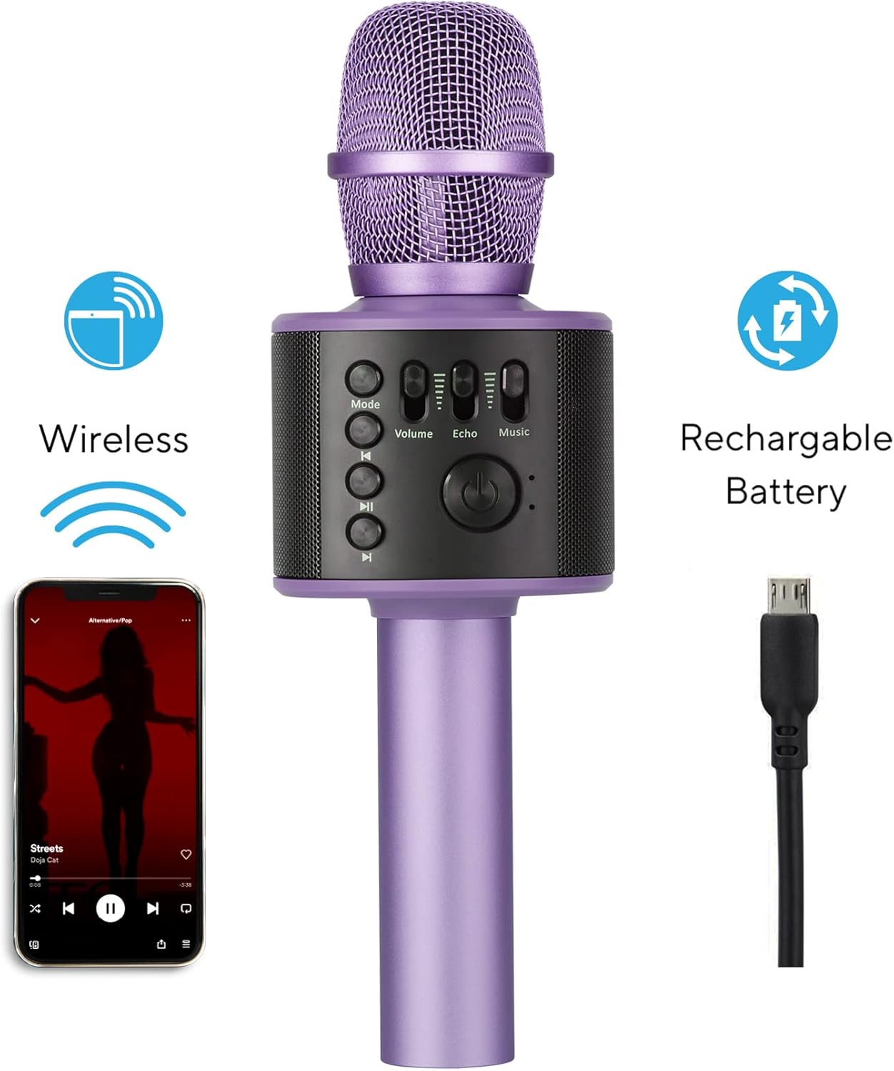 Wireless Bluetooth Karaoke Microphone with Built-in Speakers + HD Recording, Portable Handheld Mic | Lilac - Image 5