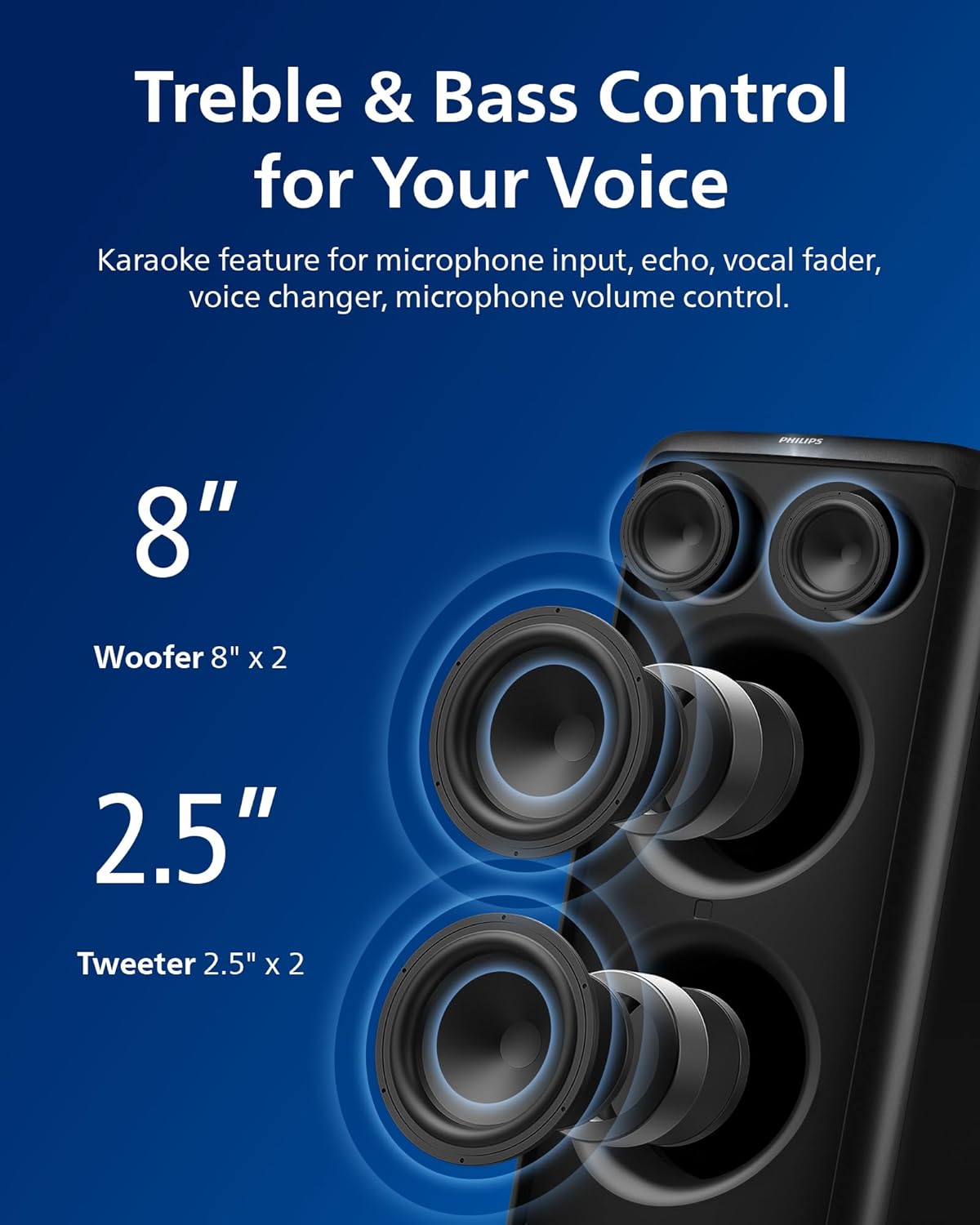 Philips X5206 Bluetooth Party Speaker - 14 Hours Play Time, Deep Bass, Party Lights, Karaoke Effects, Mic & Guitar Input, 80W Max Power, Black - Image 2
