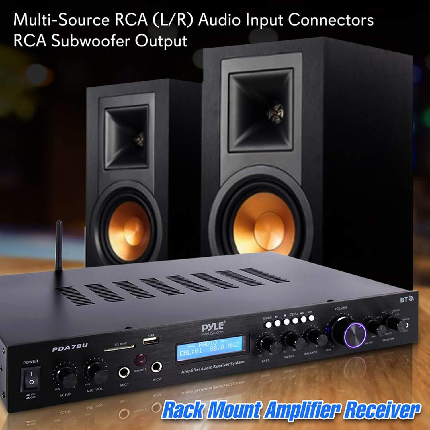 Pyle Bluetooth Home Theater Amplifier - 200 Watts into 5 Channels with Subwoofer Out, Easy Karaoke - Dual Mic, Wireless Streaming, USB/SD with MP3 player, RCA Input, FM Radio, LCD Display - PDA7BU - Image 5