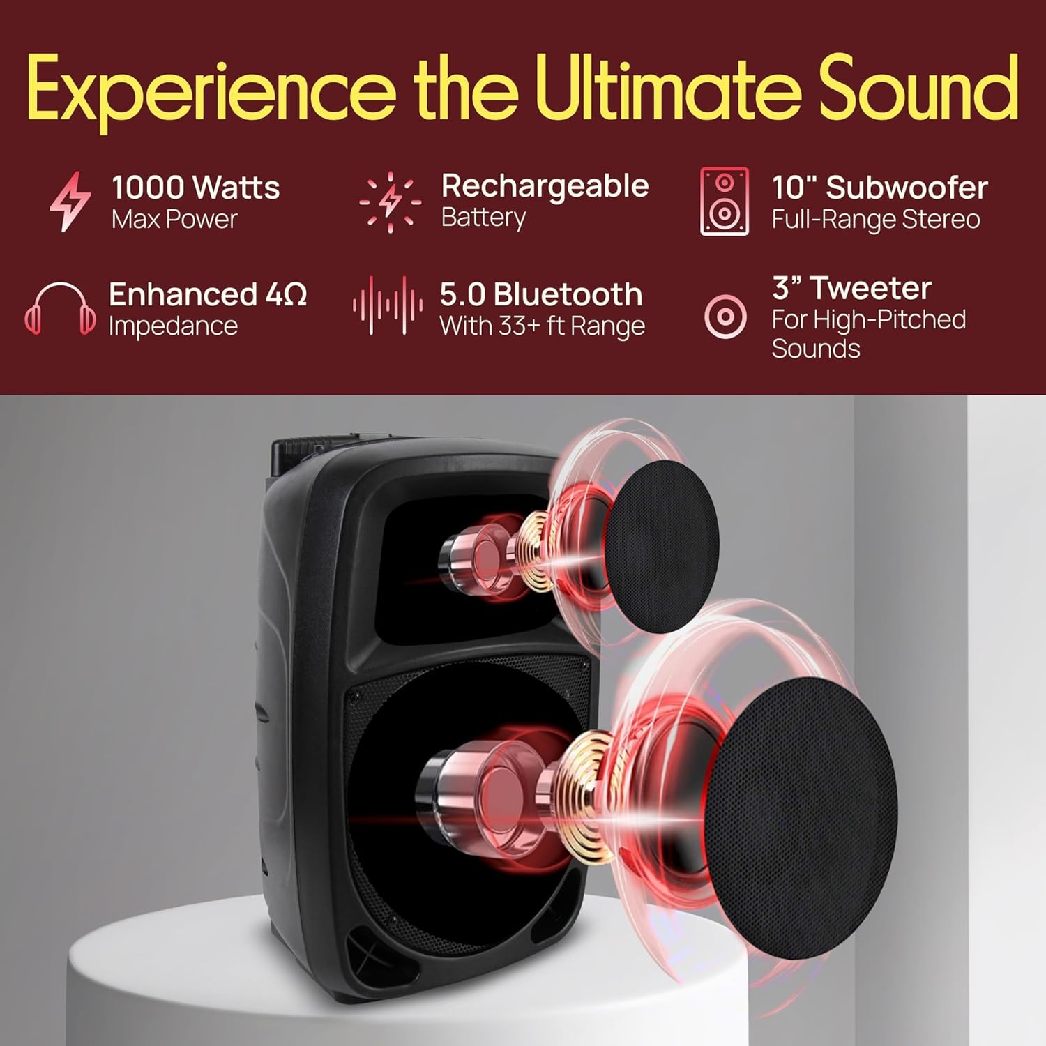 Pyle PSBT105A - 1000W Portable Bluetooth PA Speaker, 10'' Subwoofer, UHF Wireless Mic, MP3/USB/SD, Rechargeable Battery, LED Battery Indicator Lights, Black - Image 2