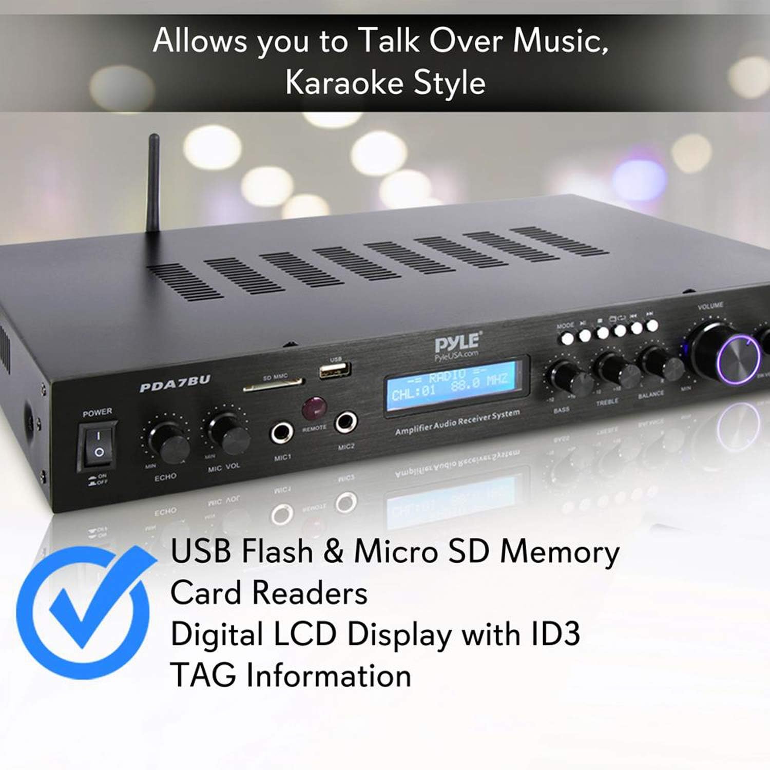 Pyle Bluetooth Home Theater Amplifier - 200 Watts into 5 Channels with Subwoofer Out, Easy Karaoke - Dual Mic, Wireless Streaming, USB/SD with MP3 player, RCA Input, FM Radio, LCD Display - PDA7BU - Image 4
