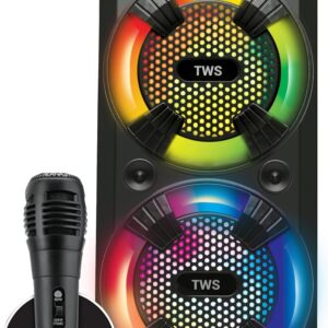 Coby True Wireless Speaker, Portable Bluetooth Speaker with 2 Woofers and LED Lighting Trim, Karaoke Mic, FM Radio, Rechargeable Battery, USB and 3.5-Millimeter AUX Port, TF Card Reader, 12-Hour Play