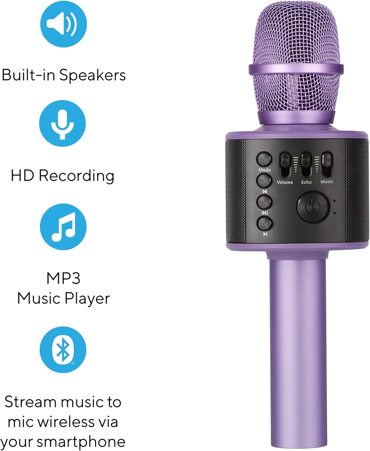 Wireless Bluetooth Karaoke Microphone with Built-in Speakers + HD Recording, Portable Handheld Mic | Lilac - Image 2
