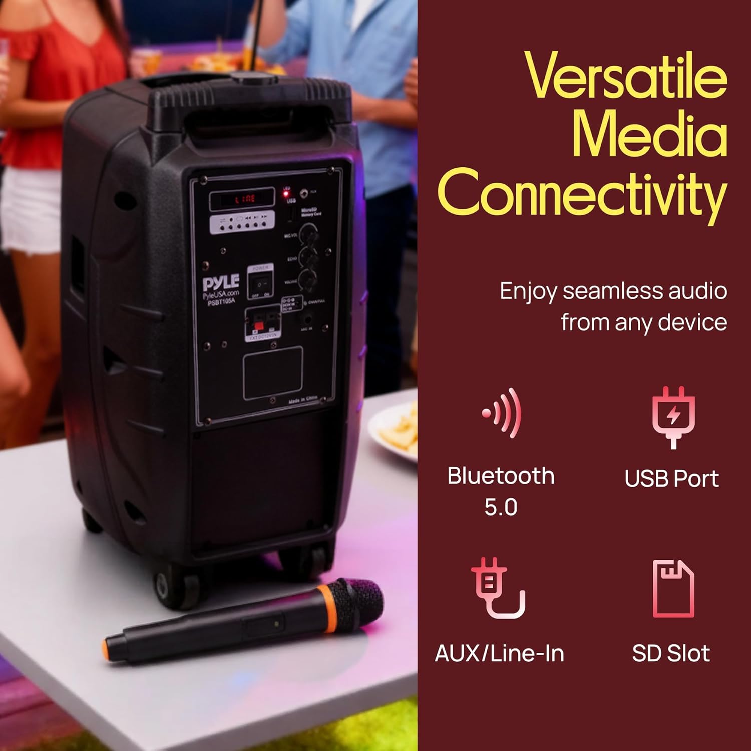 Pyle PSBT105A - 1000W Portable Bluetooth PA Speaker, 10'' Subwoofer, UHF Wireless Mic, MP3/USB/SD, Rechargeable Battery, LED Battery Indicator Lights, Black - Image 4