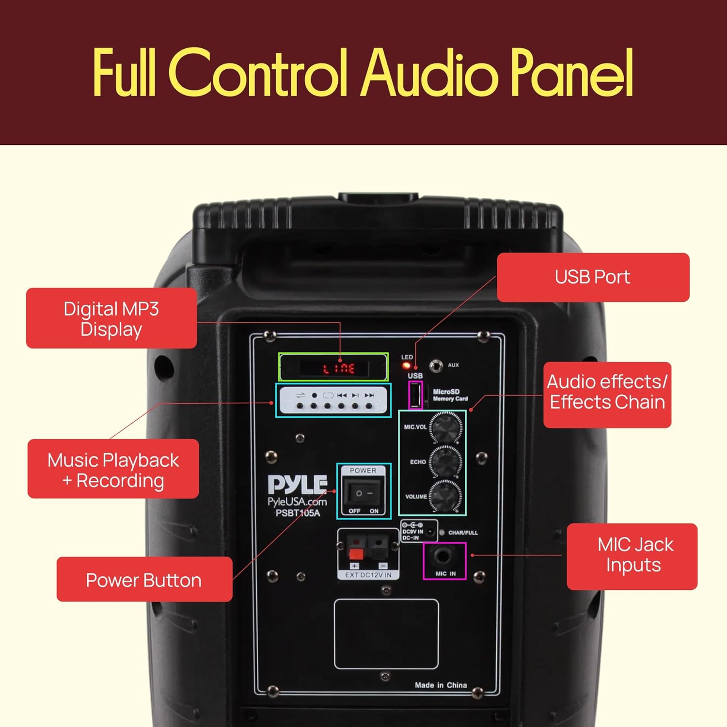 Pyle PSBT105A - 1000W Portable Bluetooth PA Speaker, 10'' Subwoofer, UHF Wireless Mic, MP3/USB/SD, Rechargeable Battery, LED Battery Indicator Lights, Black - Image 6