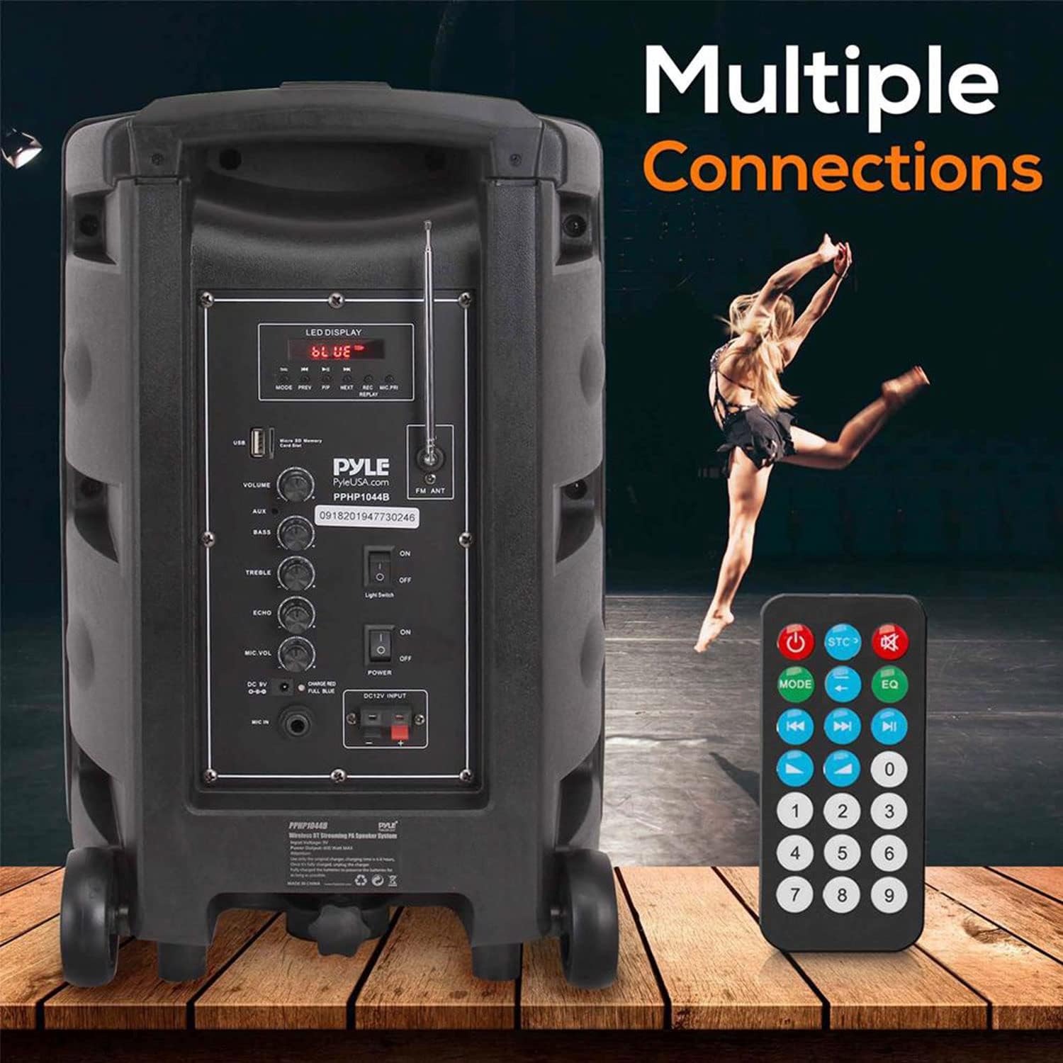 Pyle Portable Bluetooth PA Speaker System - 600W Bluetooth Speaker Portable PA System W/ Rechargeable Battery, Party Lights, MP3/USB SD Card Reader, Rolling Wheels - Pyle PPHP1044B - Image 4