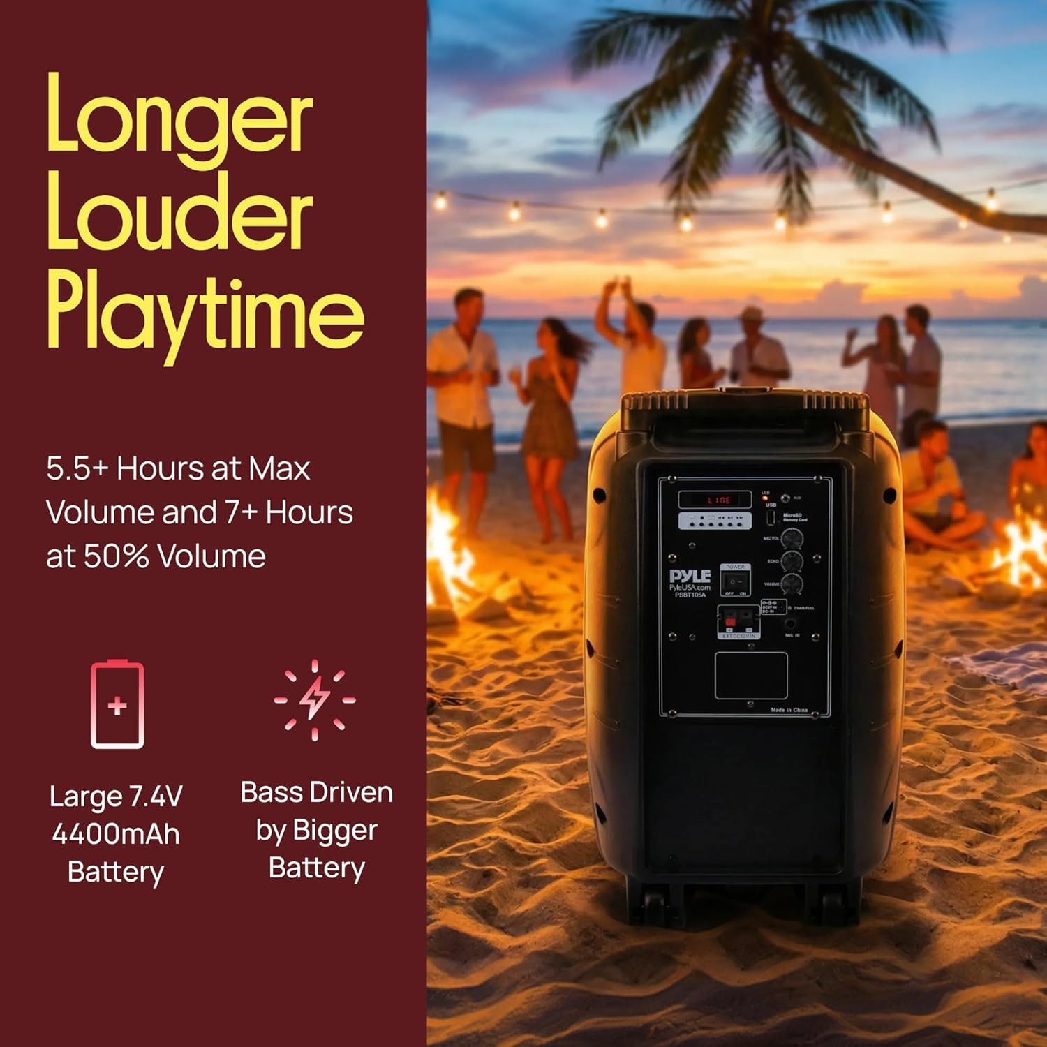Pyle PSBT105A - 1000W Portable Bluetooth PA Speaker, 10'' Subwoofer, UHF Wireless Mic, MP3/USB/SD, Rechargeable Battery, LED Battery Indicator Lights, Black - Image 8