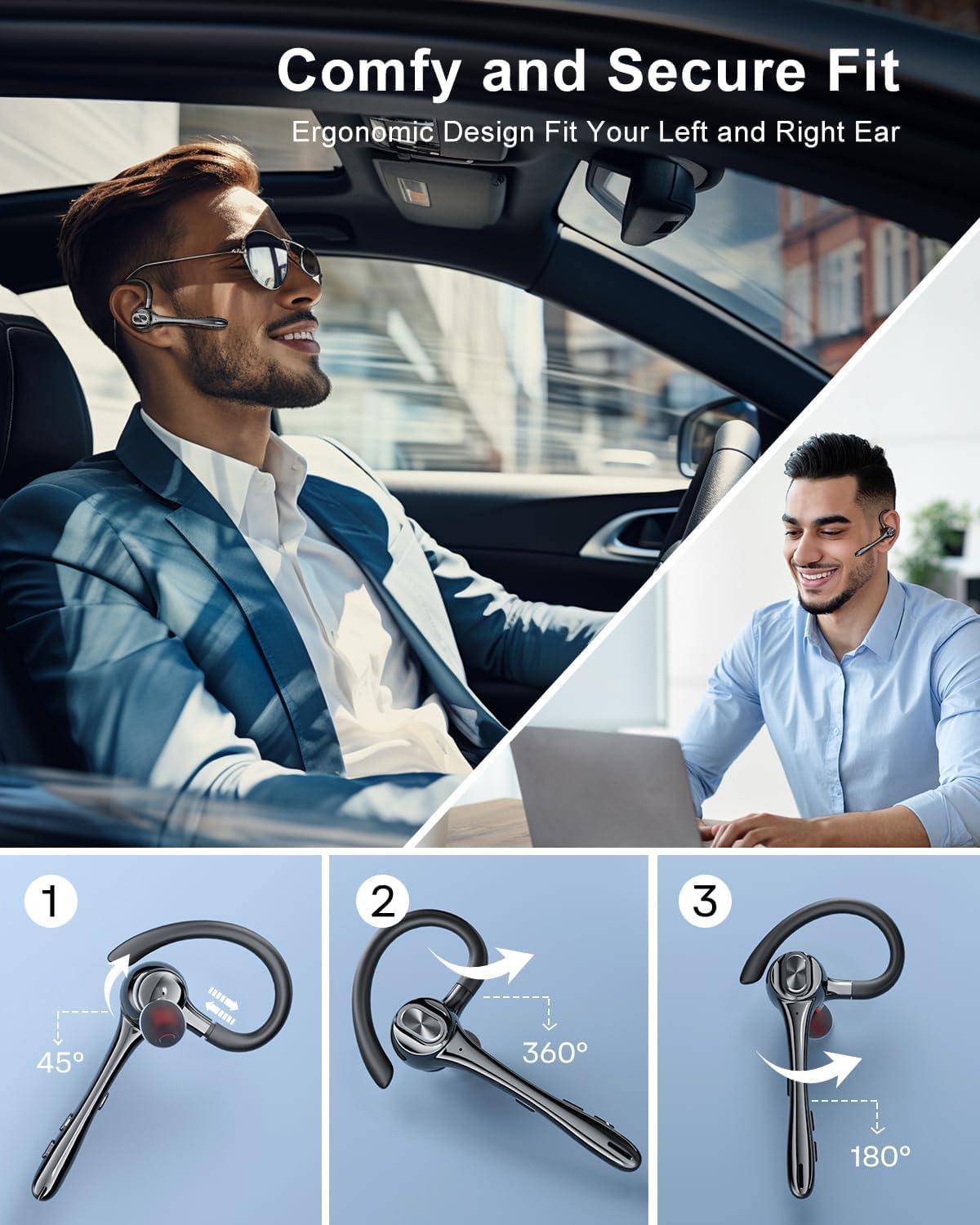 Earbuds Wireless Earpiece Bluetooth Headset with Noise Canceling Mic 160H Standby Time Hands Free Earphones Single Ear Headphone for iphone Android Samsung Cell Phones PC TV Computer Game Trucker Work - Image 4