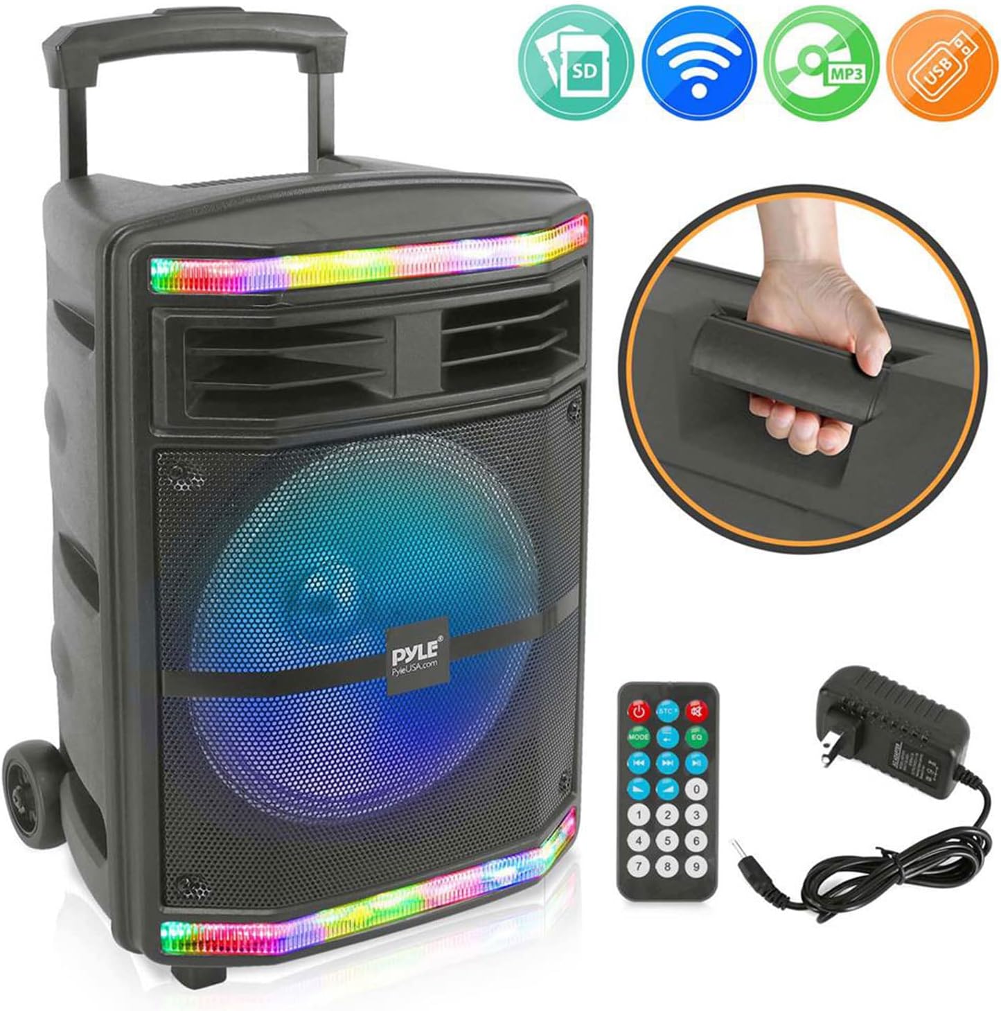 Pyle Portable Bluetooth PA Speaker System - 600W Bluetooth Speaker Portable PA System W/ Rechargeable Battery, Party Lights, MP3/USB SD Card Reader, Rolling Wheels - Pyle PPHP1044B - Image 7