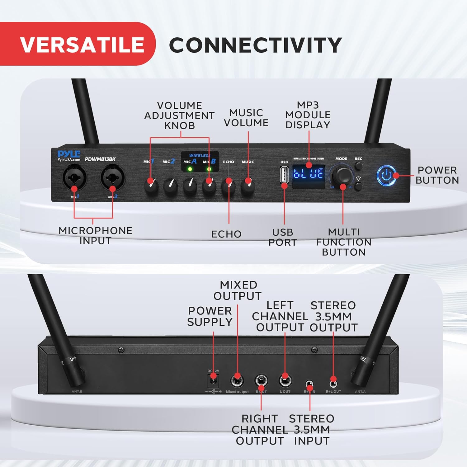 Pyle Digital Wireless Microphone System with Bluetooth - Includes 2 Dynamic UHF Handheld Mics, Portable Long-Range Receiver w/Built-in Echo Effect - for Live Pro Audio, Karaoke, Studio - PDWM813BK - Image 5