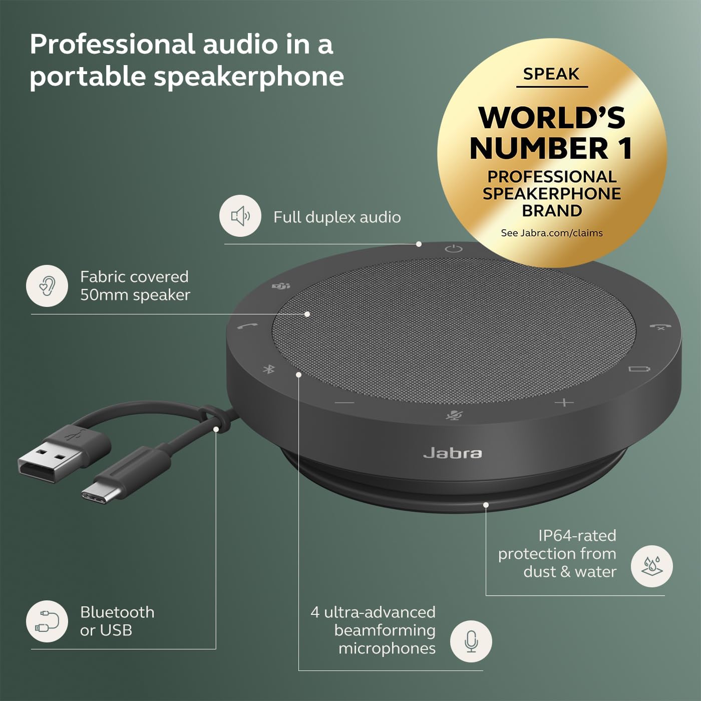Jabra Speak2 55 Wireless Bluetooth Speakerphone (2025 Edition) - Portable with 4 Noise-Cancelling Mics - Microsoft Teams Certified - Dark Grey - Image 6