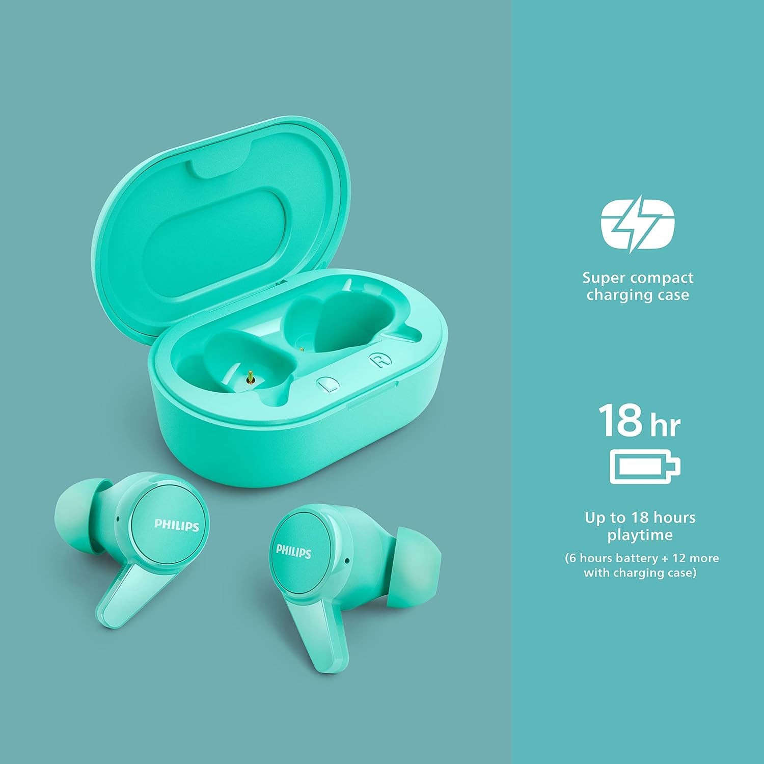 Philips T1207 True Wireless Headphones with Up to 18 Hours Playtime and IPX4 Water Resistance, Teal - Image 3