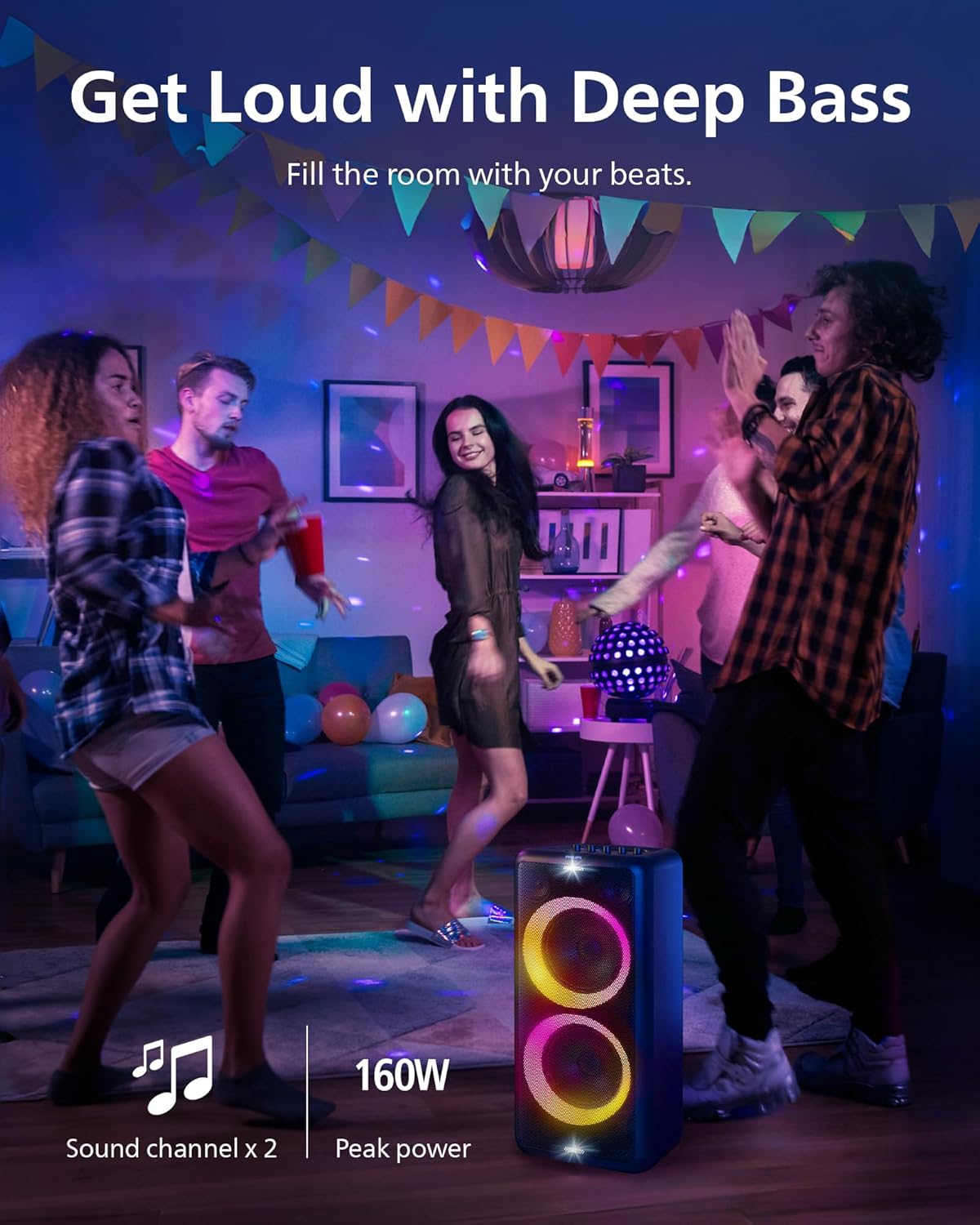Philips X5206 Bluetooth Party Speaker - 14 Hours Play Time, Deep Bass, Party Lights, Karaoke Effects, Mic & Guitar Input, 80W Max Power, Black - Image 5