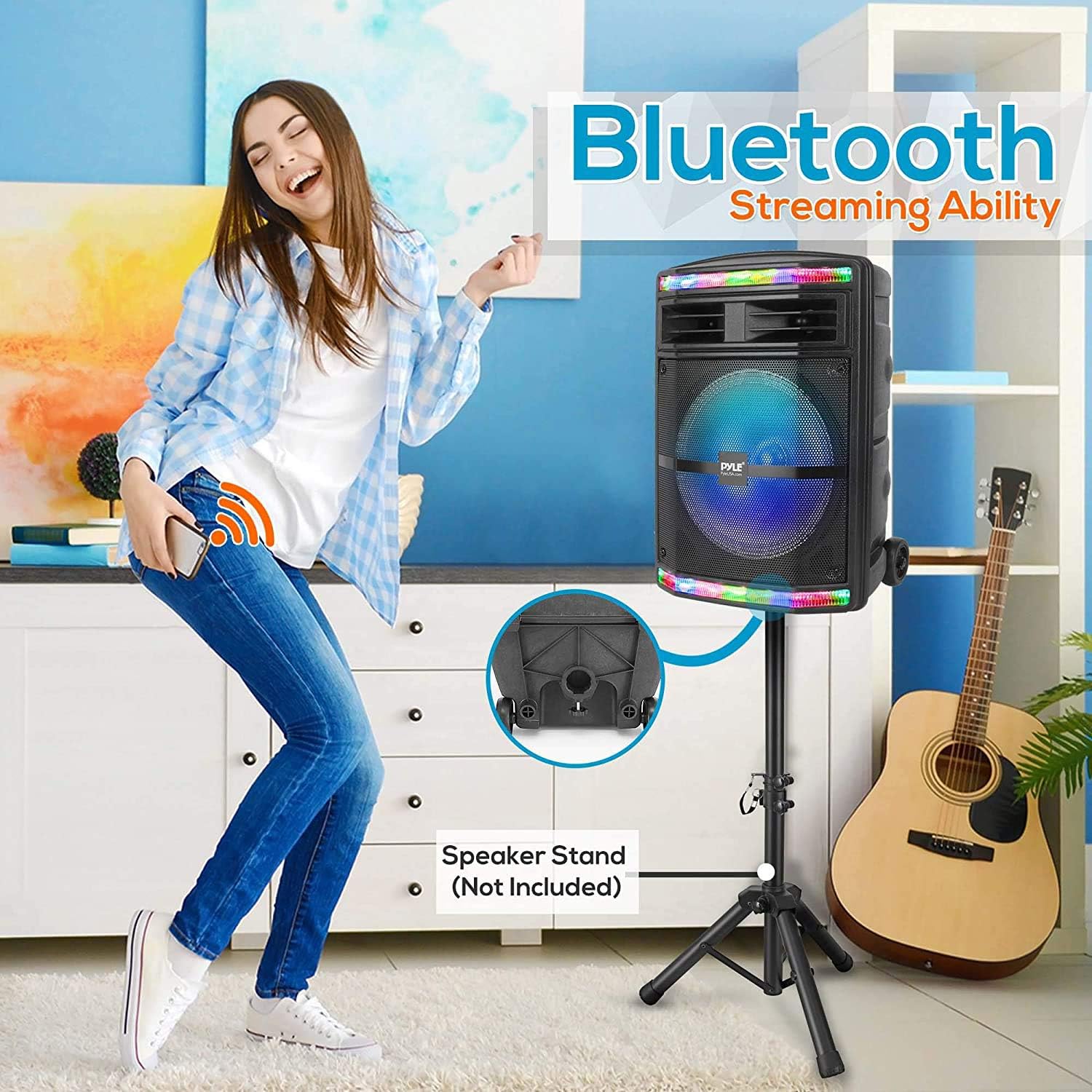 Pyle Portable Bluetooth PA Speaker System - 600W Bluetooth Speaker Portable PA System W/ Rechargeable Battery, Party Lights, MP3/USB SD Card Reader, Rolling Wheels - Pyle PPHP1044B - Image 6