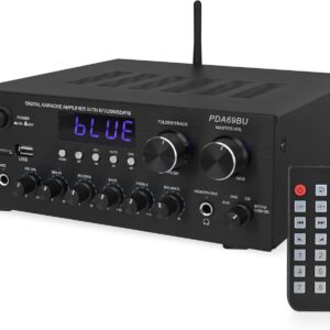 Pyle Home Karaoke Amplifier Receiver with Bluetooth Streaming, 200 Watt Peak, Dual Mic Inputs with Delay and Reverb, 2.0 Channel Hi Fi Sound System, USB-A Input w MP3 Player, RCA/Aux Inputs - PDA69BU