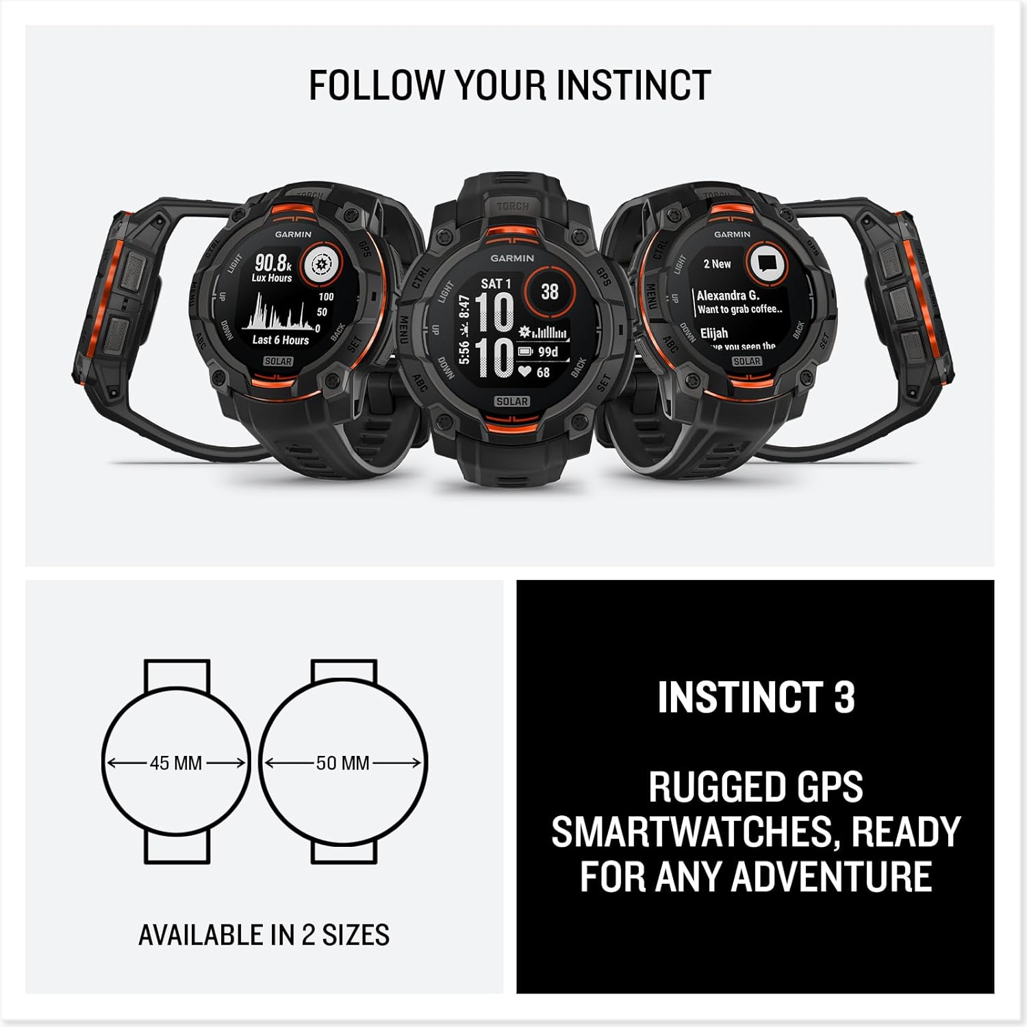 Garmin Instinct® 3 45mm, Solar Charged Display, Rugged Outdoor GPS Smartwatch, Metal-Reinforced Bezel, Built-in Flashlight, Black - Image 7