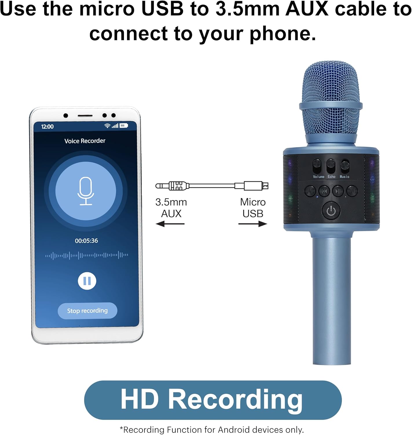 Wireless Bluetooth Karaoke Microphone with Built-in Speakers + HD Recording, Portable Handheld Mic | Blue - Image 6