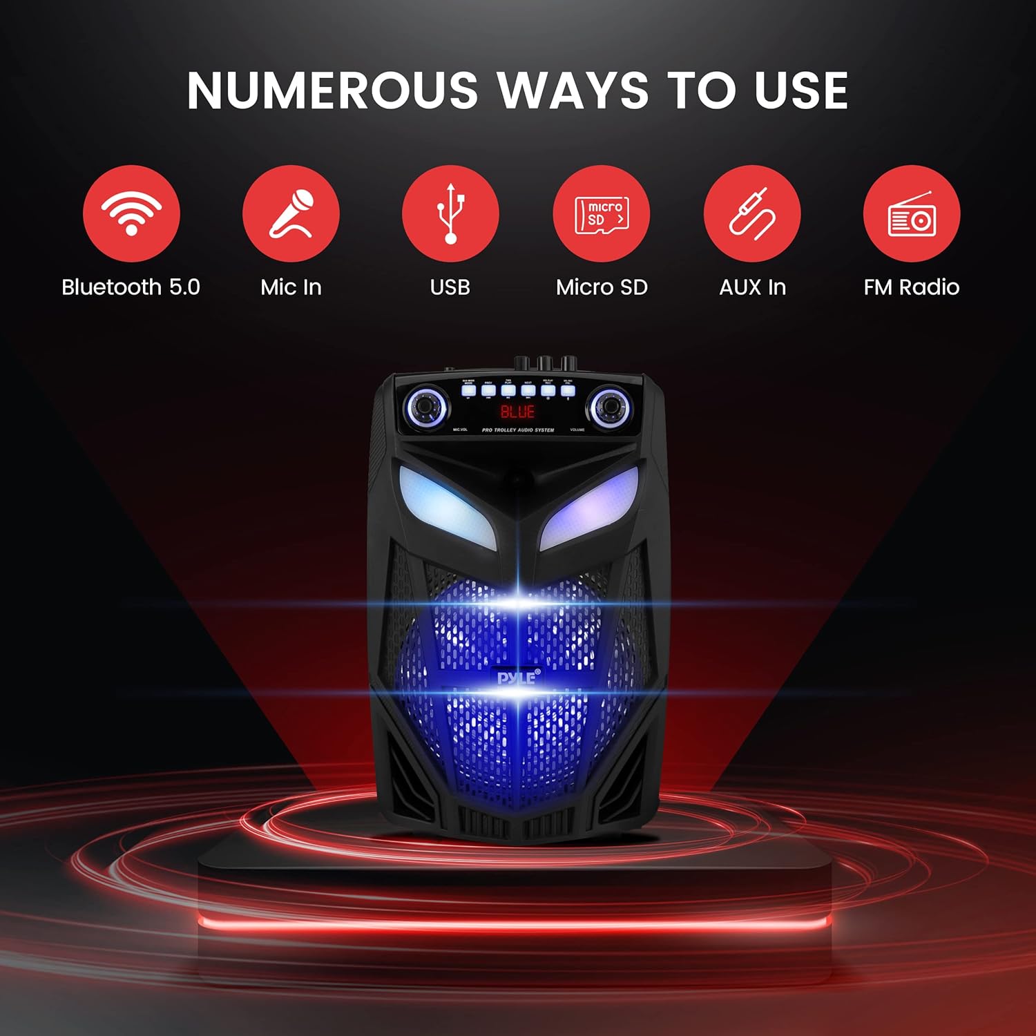 Portable Bluetooth PA Speaker System - 600W 10” Outdoor BT Speaker - Includes 2 Wireless Microphones, Party Lights, USB SD Card Reader, FM Radio, Rolling Wheels - Remote Control - Pyle PPHP101WMB - Image 3