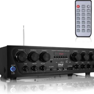 Pyle Wireless Bluetooth Karaoke Amplifier - 6 Channel 750W Power, Stereo Receiver Home Audio Amplifier w/USB,AUX, Subwoofer Out, Headphone, 2 Mic Input w/Echo, Talk-Over For PA