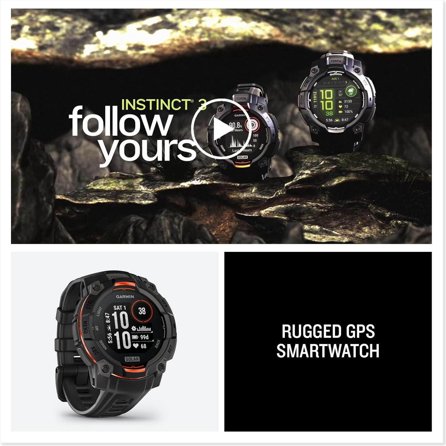Garmin Instinct® 3 45mm, Solar Charged Display, Rugged Outdoor GPS Smartwatch, Metal-Reinforced Bezel, Built-in Flashlight, Black - Image 8
