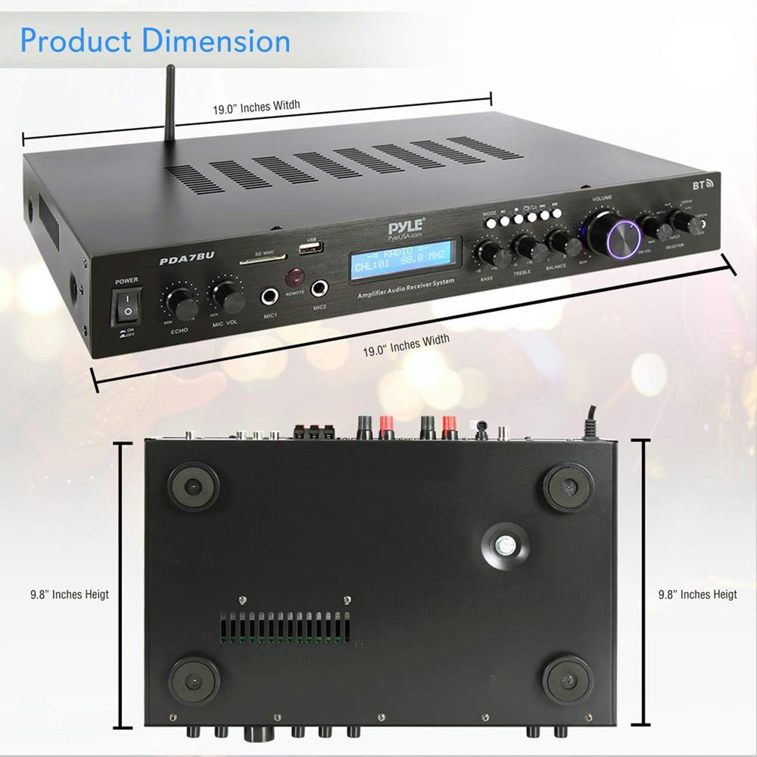 Pyle Bluetooth Home Theater Amplifier - 200 Watts into 5 Channels with Subwoofer Out, Easy Karaoke - Dual Mic, Wireless Streaming, USB/SD with MP3 player, RCA Input, FM Radio, LCD Display - PDA7BU - Image 7