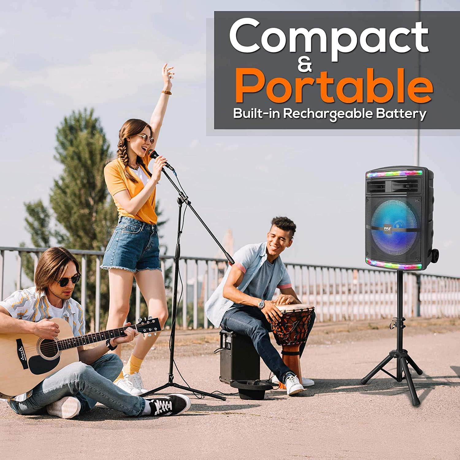 Pyle Portable Bluetooth PA Speaker System - 600W Bluetooth Speaker Portable PA System W/ Rechargeable Battery, Party Lights, MP3/USB SD Card Reader, Rolling Wheels - Pyle PPHP1044B - Image 5