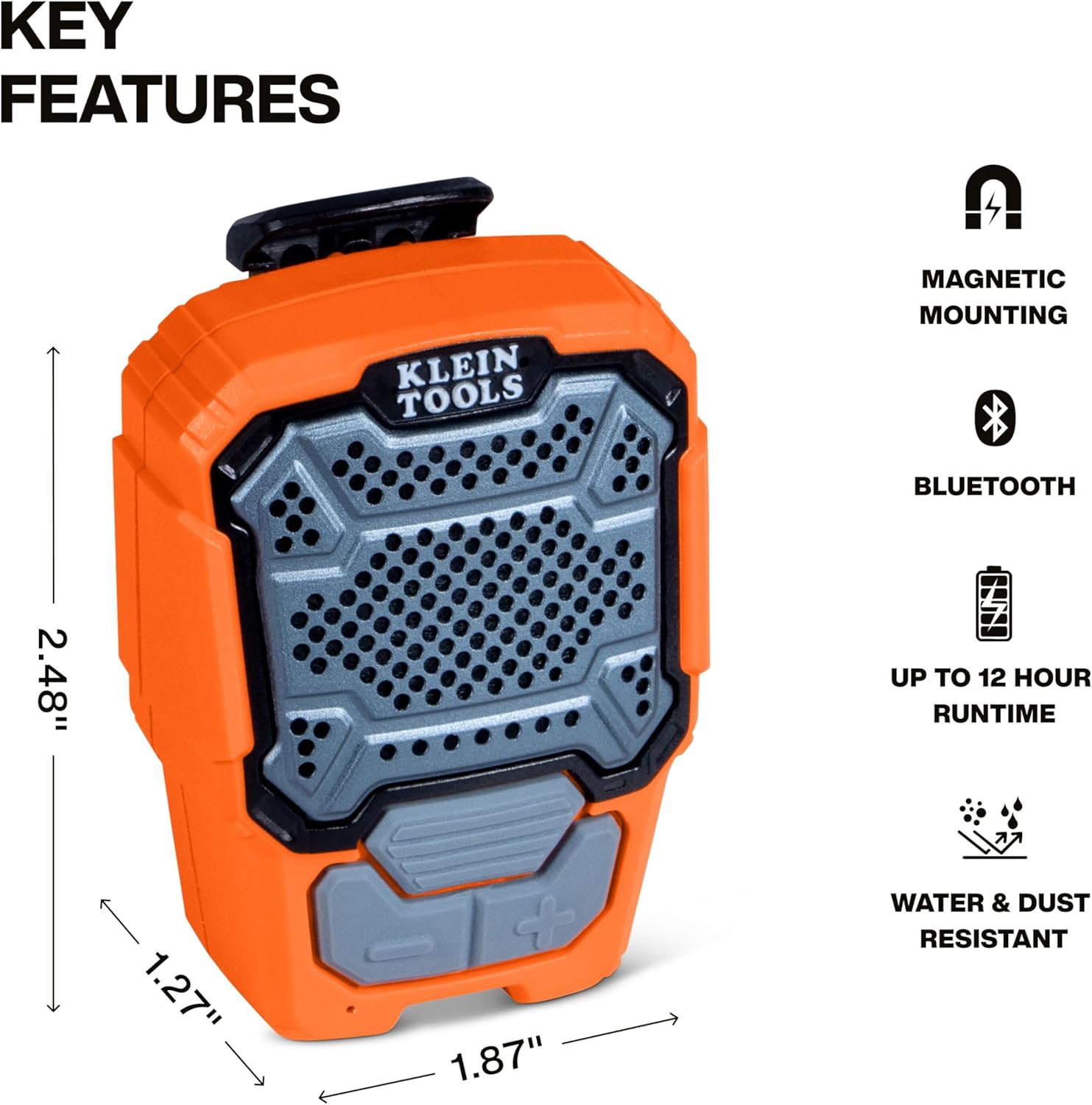 KLEIN TOOLS AEPWS1 Wearable Bluetooth Speaker, Built-in Mic for Hands-Free Music and Calls, Portable, Waterproof IP67, Magnetic and Clip-On Jobsite Mini Speaker - Image 2
