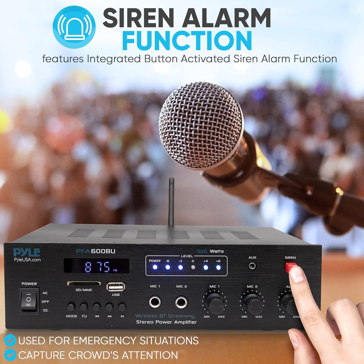 Pyle 300W Bluetooth Karaoke Amplifier - 2-Channel PA System with FM Radio - USB/SD - AUX - 2 Mic Inputs - Siren Alarm - 12V Power Option - Remote Control for Home, Car, and Bus Tours - PFA600BU - Image 3