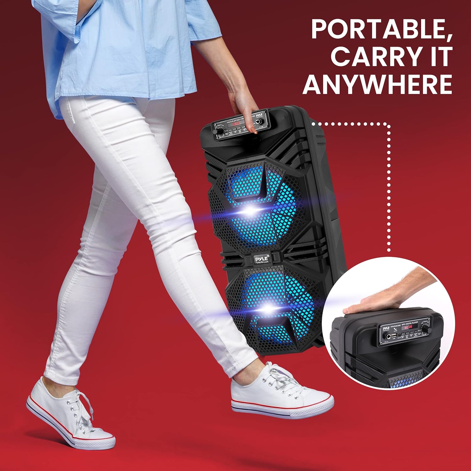 Pyle Bluetooth PA Speaker System - 600W Rechargeable Outdoor Bluetooth Speaker Portable PA System w/ Dual 8” Subwoofer 1” Tweeter, Microphone In, Party Lights, USB, Radio, Remote - Pyle PPHP2836B - Image 6