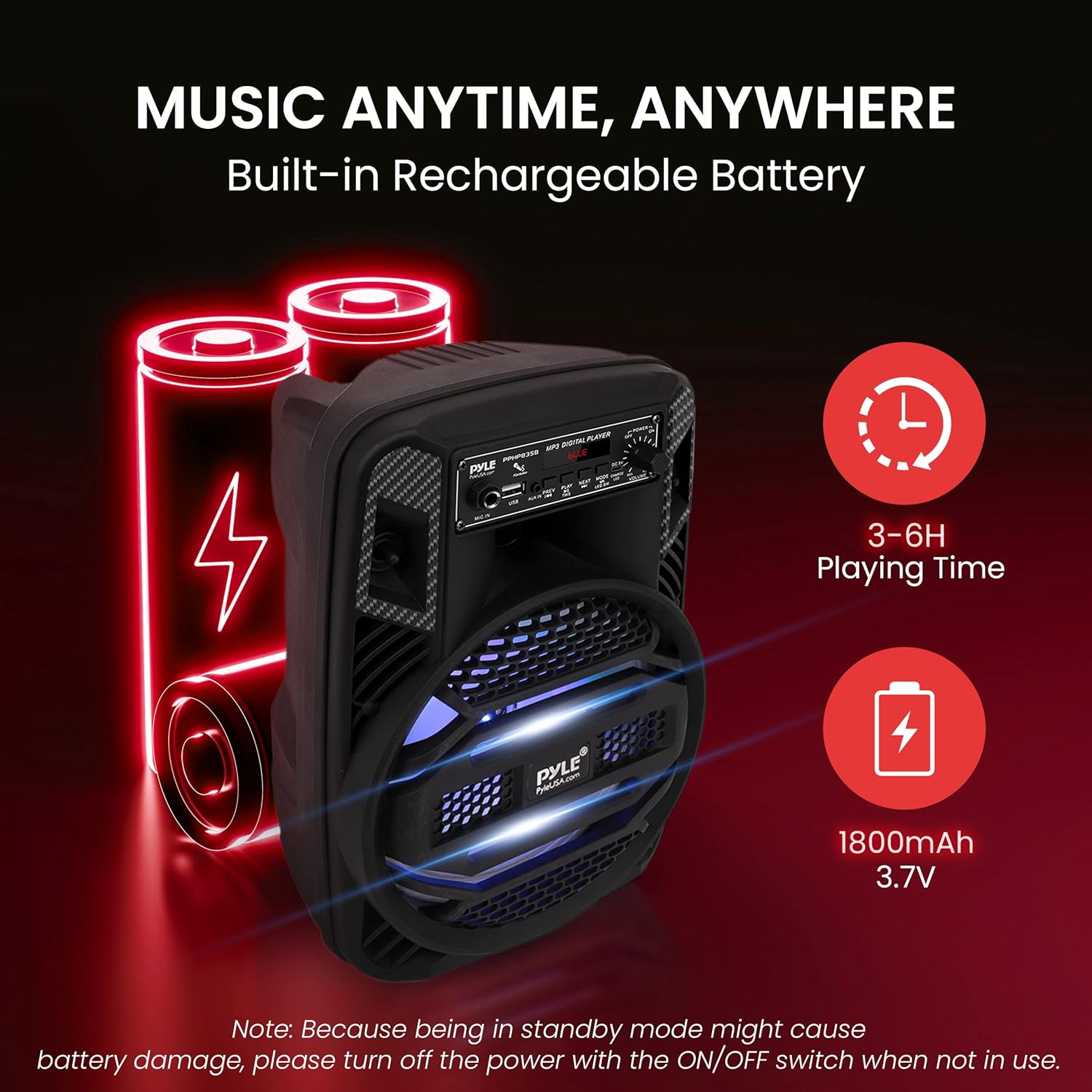 Pyle Portable Bluetooth PA Speaker System - 300W Rechargeable Outdoor Bluetooth Speaker Portable PA System w/ 8” Subwoofer 1” Tweeter, Microphone In, Party Lights, MP3/USB, Radio, Remote -PPHP835B - Image 5