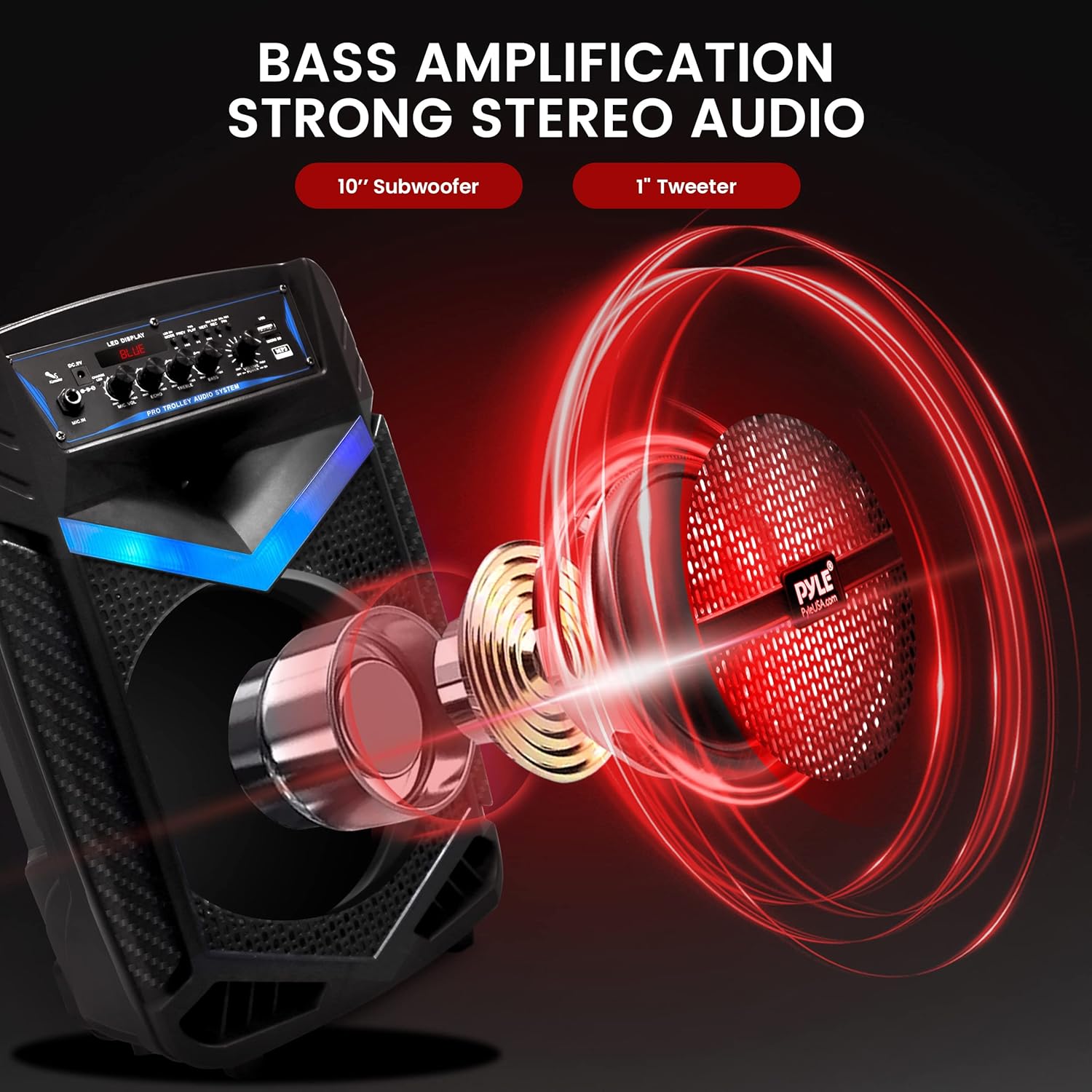 Pyle Portable Bluetooth PA Speaker System - 600W Rechargeable Outdoor Bluetooth Speaker Portable PA System w/ 10” Subwoofer 1” Tweeter, Recording Function, Mic In Party Lights USB/SD Radio - Image 2