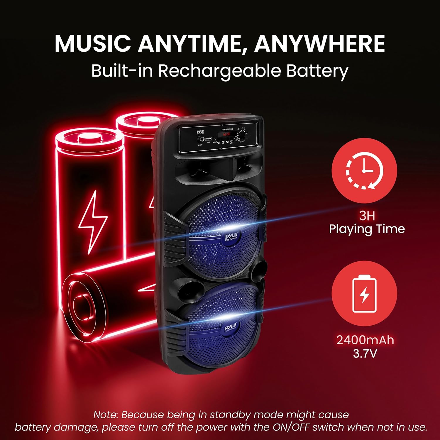 Pyle Portable Bluetooth PA Speaker System - 600W Rechargeable Outdoor Bluetooth Speaker Portable PA System w/ Dual 8” Subwoofer 1” Tweeter, Microphone In, Party Lights, USB, Radio, Remote - PPHP2835B - Image 5