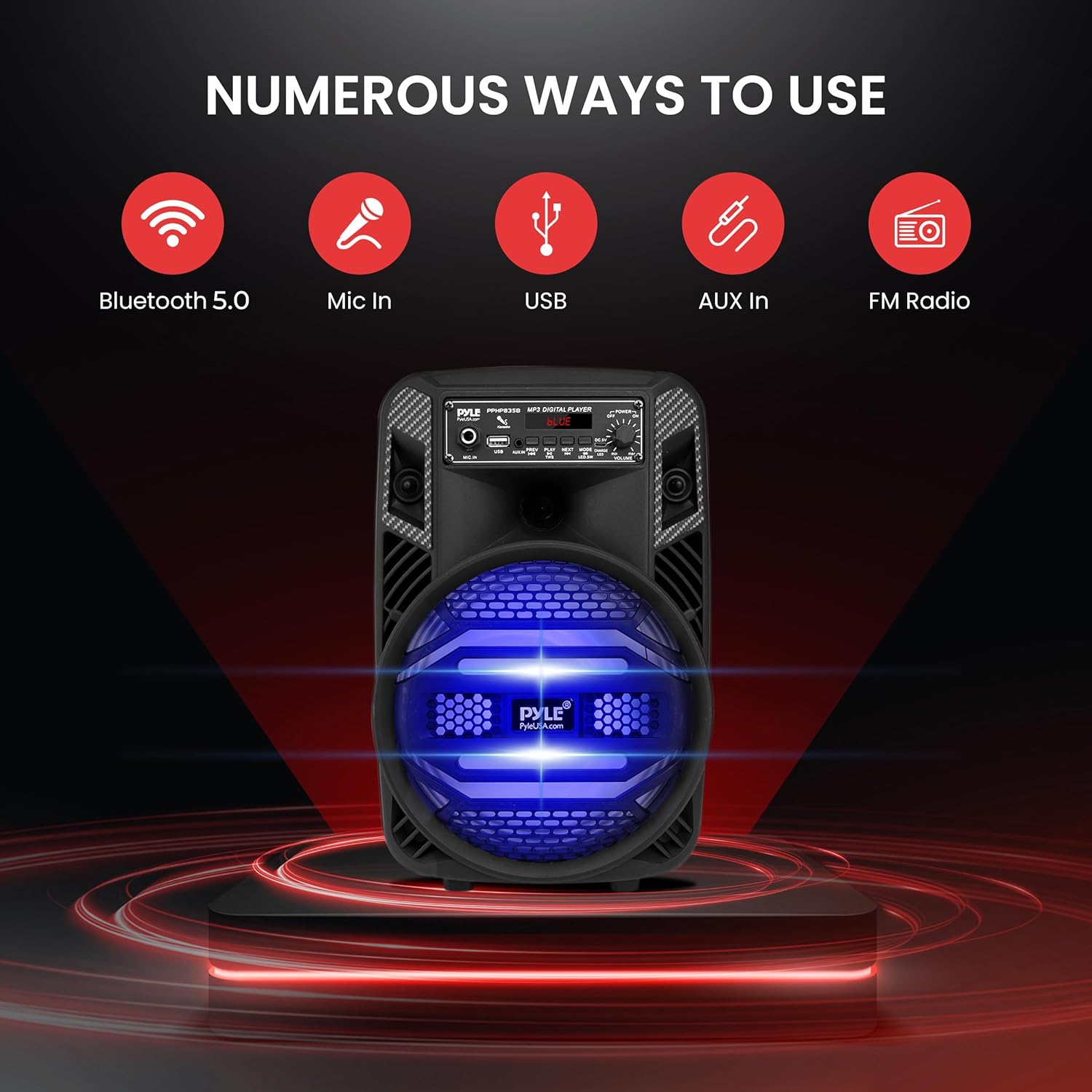 Pyle Portable Bluetooth PA Speaker System - 300W Rechargeable Outdoor Bluetooth Speaker Portable PA System w/ 8” Subwoofer 1” Tweeter, Microphone In, Party Lights, MP3/USB, Radio, Remote -PPHP835B - Image 3