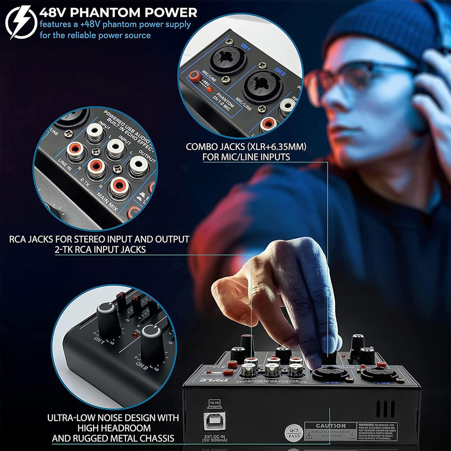 Pyle Professional Wireless DJ Audio Mixer - 4 Channel Bluetooth Controller Sound Mixer, USB Audio Interface, 2 Combo Jack XLR+6.35mm Mic/Line/Guitar in, 3.5mm, RCA AUX, Headphone Jack - PAD43MXUBT - Image 6