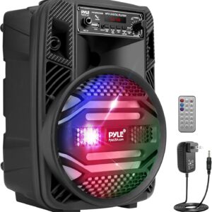 Pyle Portable Bluetooth PA Speaker System - 300W Rechargeable Outdoor Bluetooth Speaker Portable PA System w/ 8” Subwoofer 1” Tweeter, Microphone In, Party Lights, MP3/USB, Radio, Remote -PPHP835B