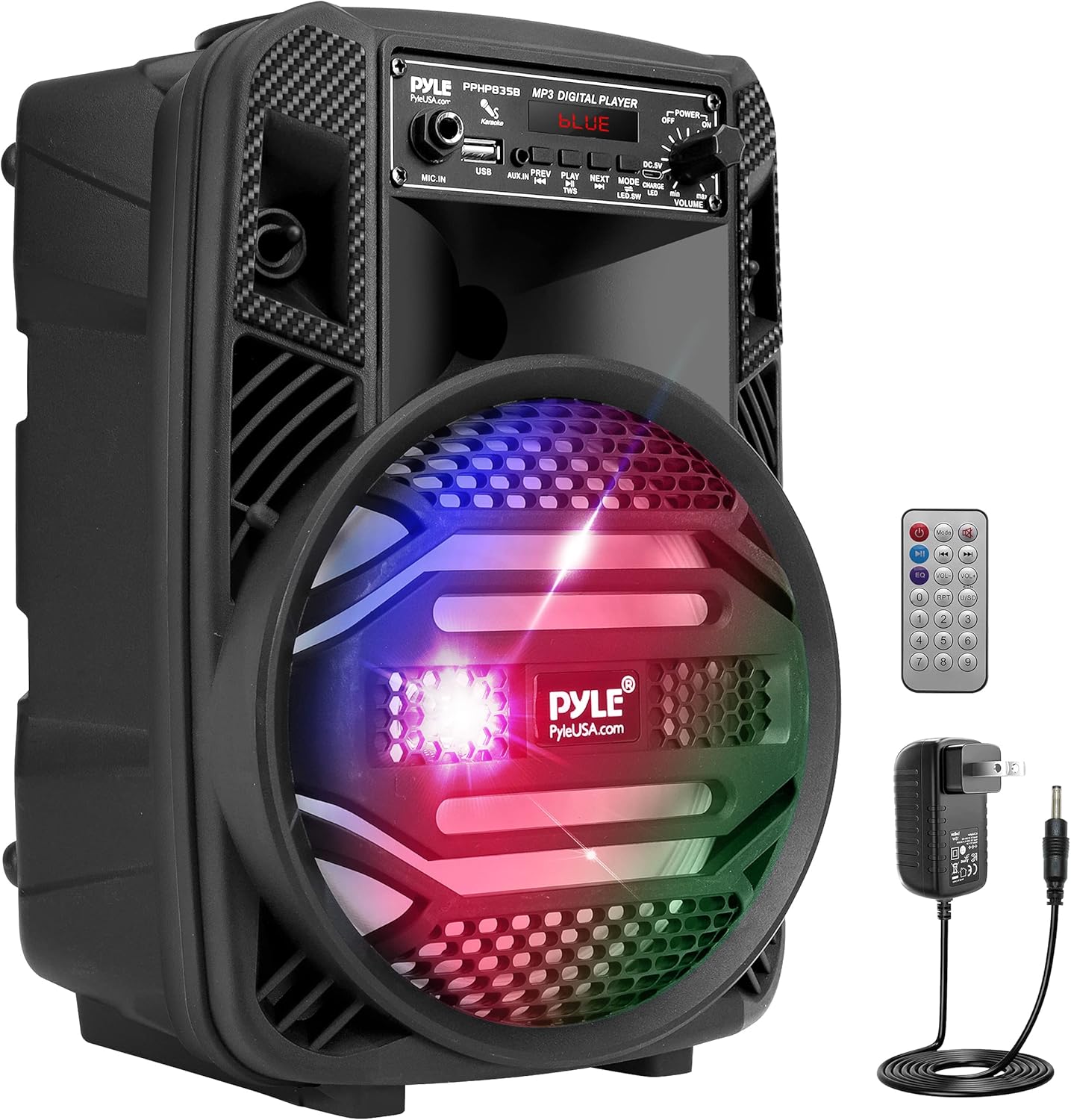 Pyle Portable Bluetooth PA Speaker System - 300W Rechargeable Outdoor Bluetooth Speaker Portable PA System w/ 8” Subwoofer 1” Tweeter, Microphone In, Party Lights, MP3/USB, Radio, Remote -PPHP835B