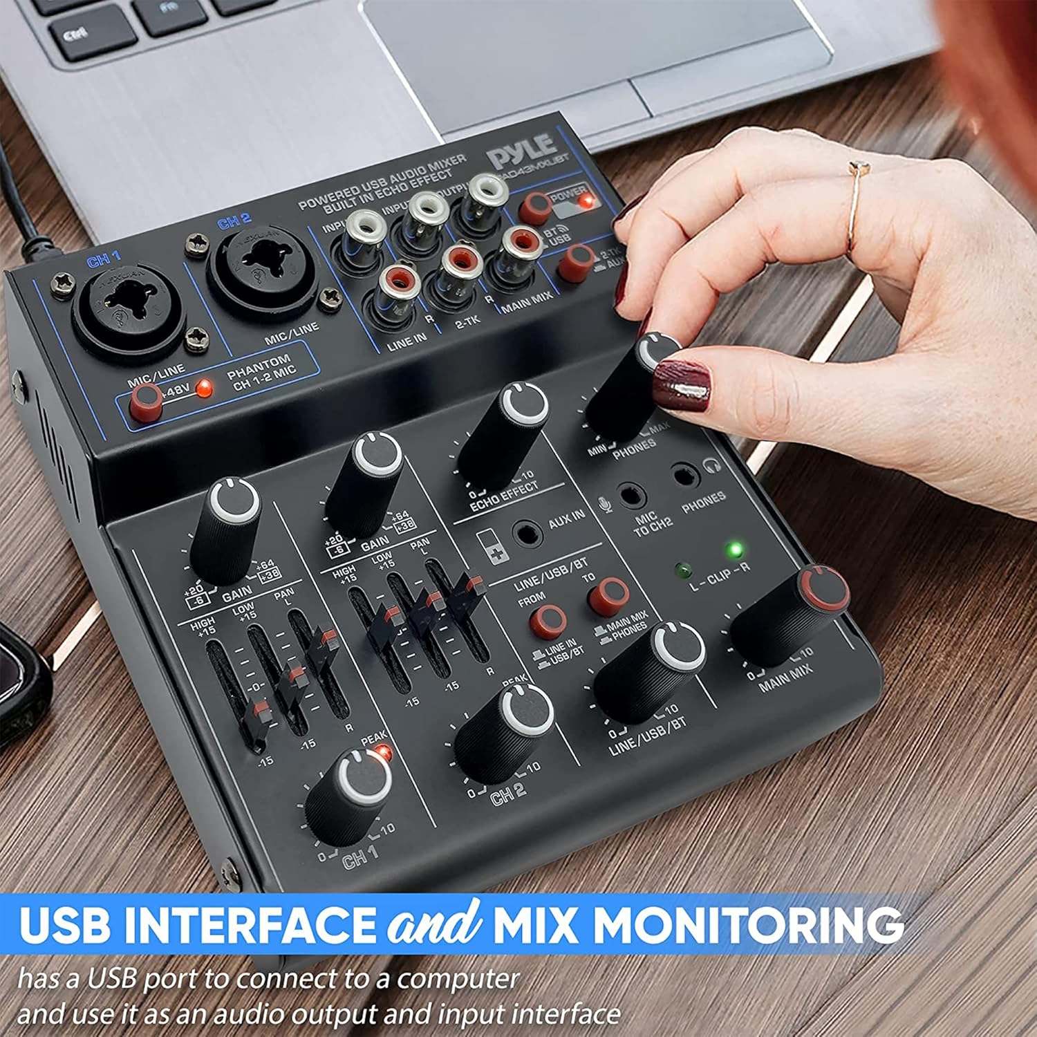 Pyle Professional Wireless DJ Audio Mixer - 4 Channel Bluetooth Controller Sound Mixer, USB Audio Interface, 2 Combo Jack XLR+6.35mm Mic/Line/Guitar in, 3.5mm, RCA AUX, Headphone Jack - PAD43MXUBT - Image 7