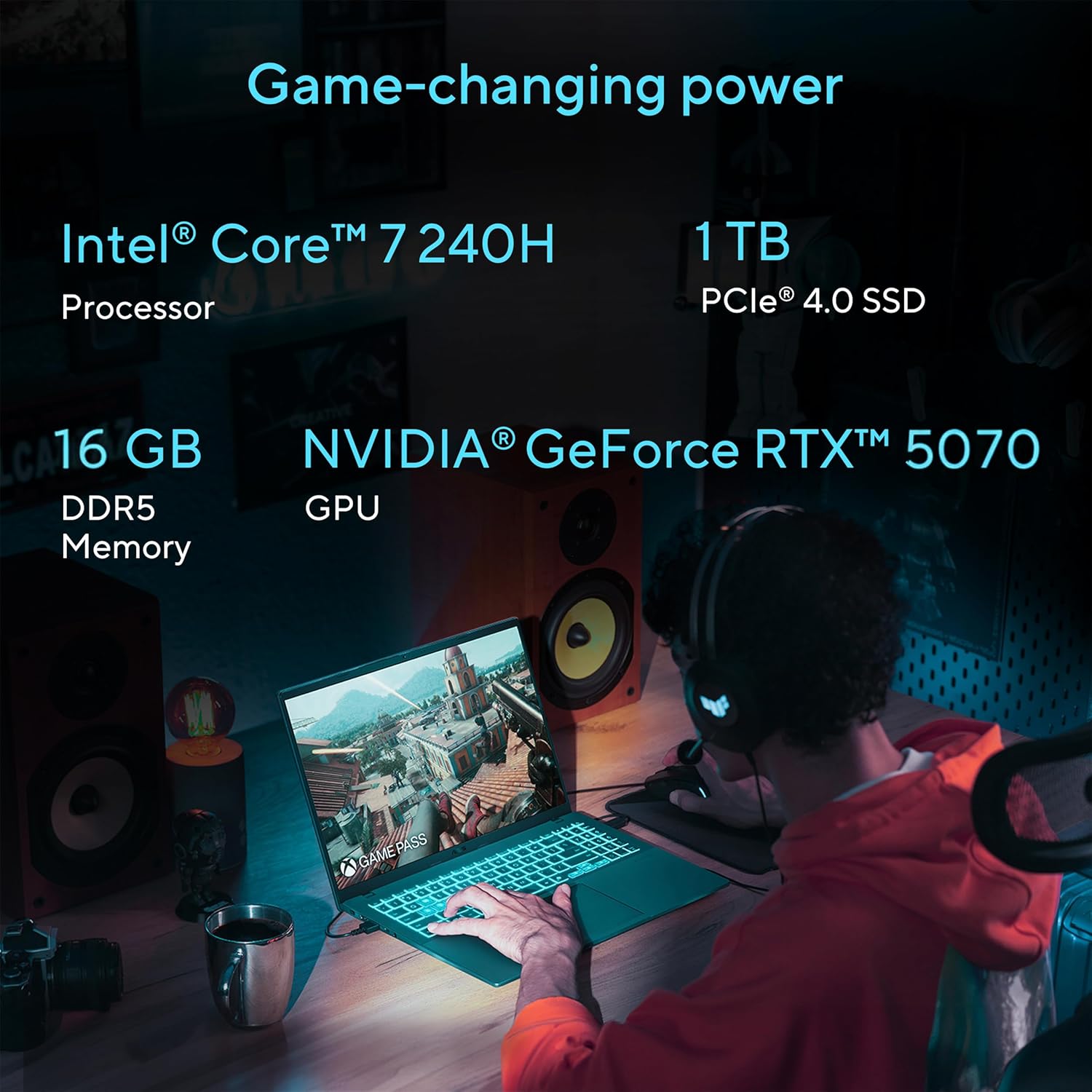 ASUS V16 16" WUXGA 144Hz Gaming Laptop, Intel® Core™ 7 240H, RTX™ 5070, 16GB DDR5 RAM, 1TB SSD, V3607VP-DS74, Matte Black - Image 3