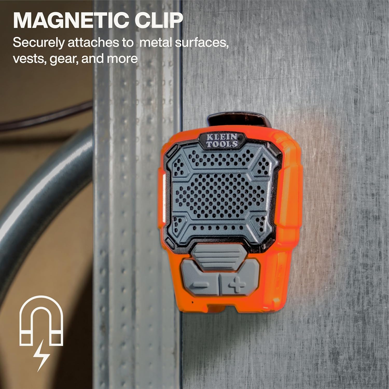KLEIN TOOLS AEPWS1 Wearable Bluetooth Speaker, Built-in Mic for Hands-Free Music and Calls, Portable, Waterproof IP67, Magnetic and Clip-On Jobsite Mini Speaker - Image 4